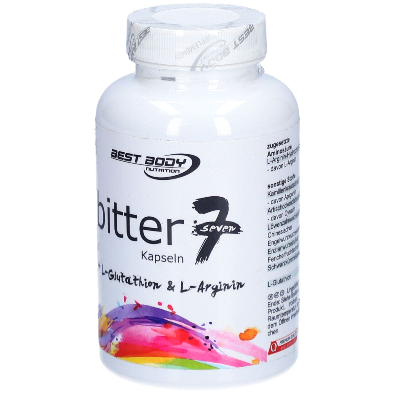 Weiße Flasche mit Kapseln. Aufschrift: Best Body Nutrition, bitter Seven Kapseln, L-Glutathion & L-Arginin.