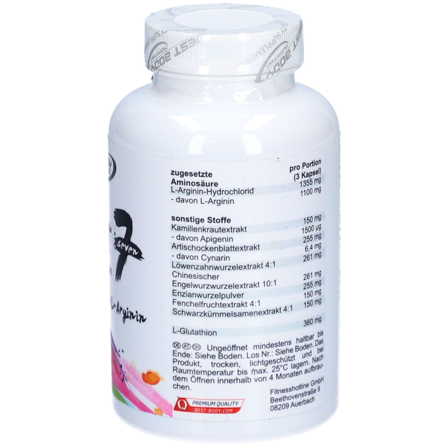 Rückseite der weißen Flasche mit Kapseln. Text: Aminosäuren, sonstige Stoffe, L-Glutathion, pro Portion, Inhaltsstoffe.