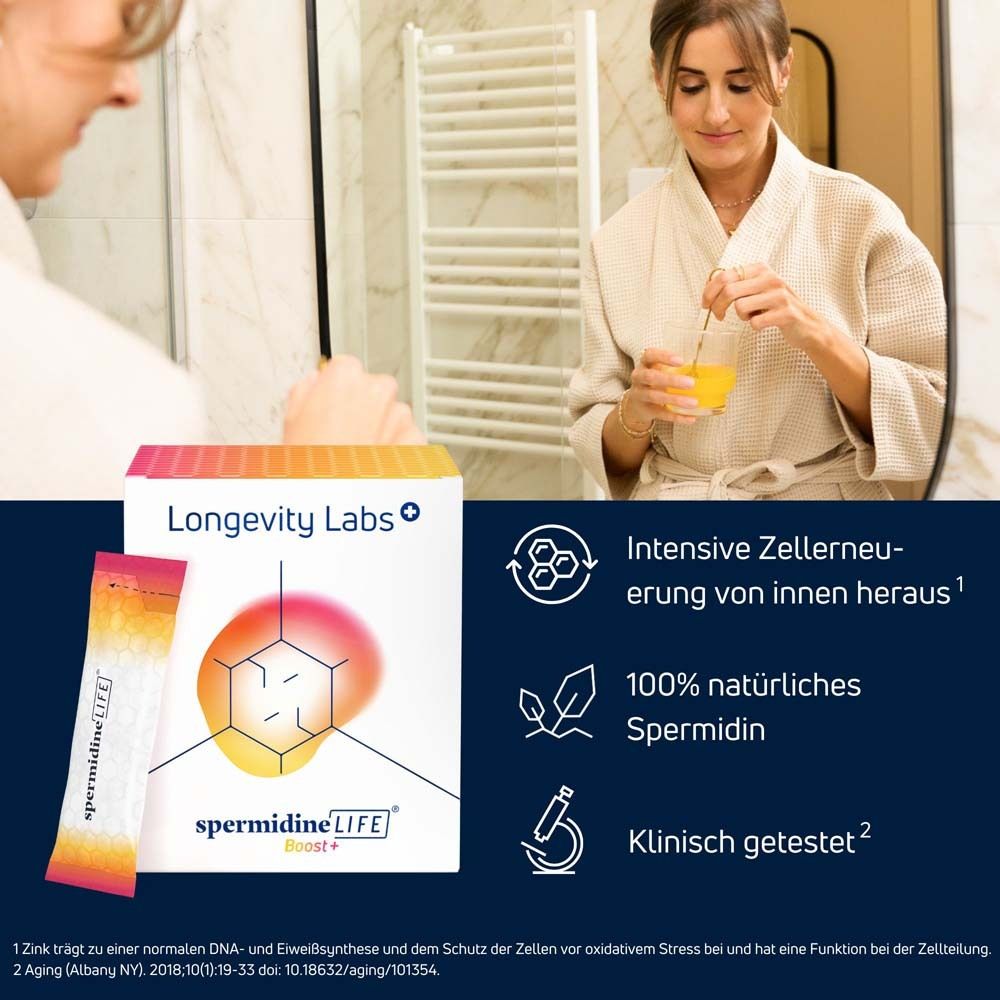 Frau mit Getränk. Packung und Beutel spermidineLIFE Boost+. Text: Intensive Zellerneuerung, 100% natürlich, klinisch getestet.
