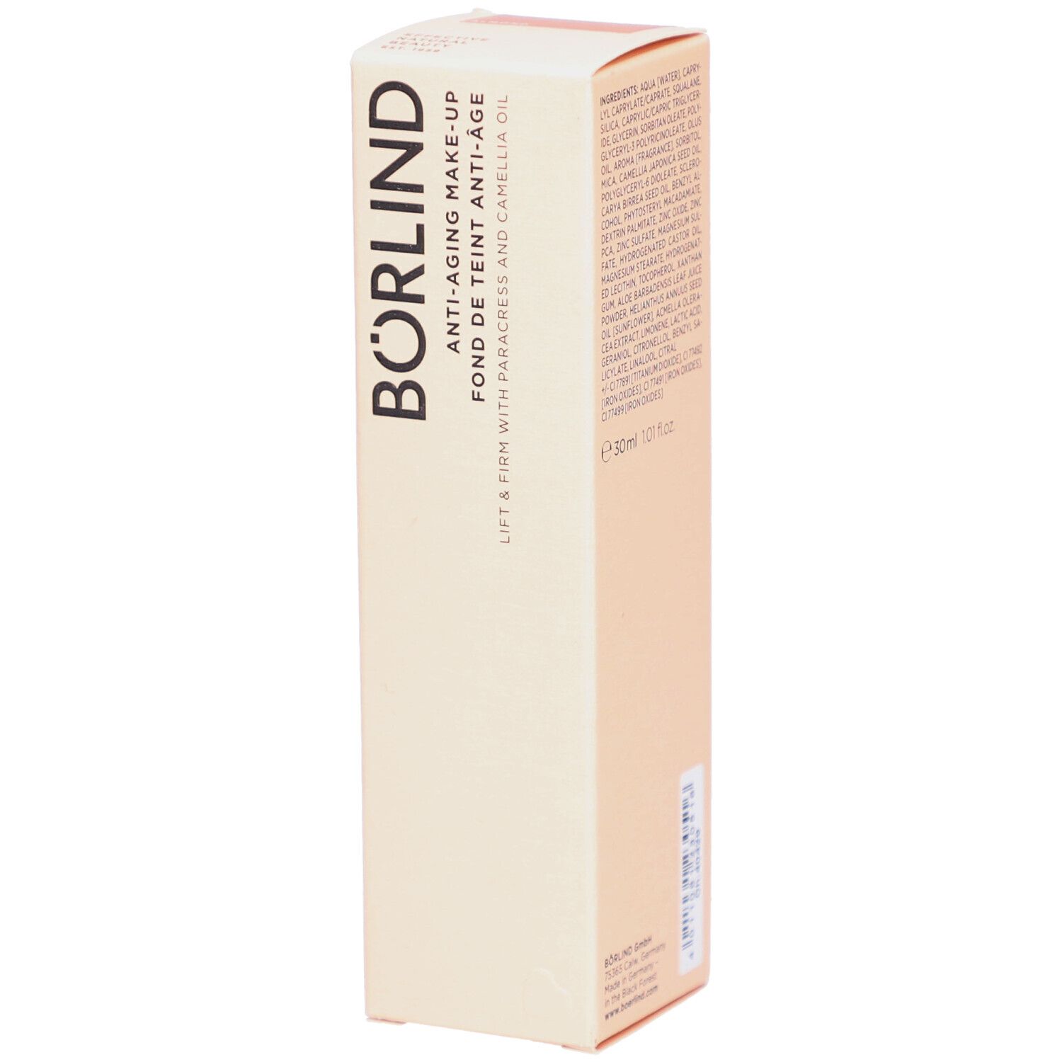 Boîte en carton beige. Inscription: BÖRLIND, Anti-Aging Make-up, Fond de Teint Anti-Âge. Avec paracress et huile de camélia.