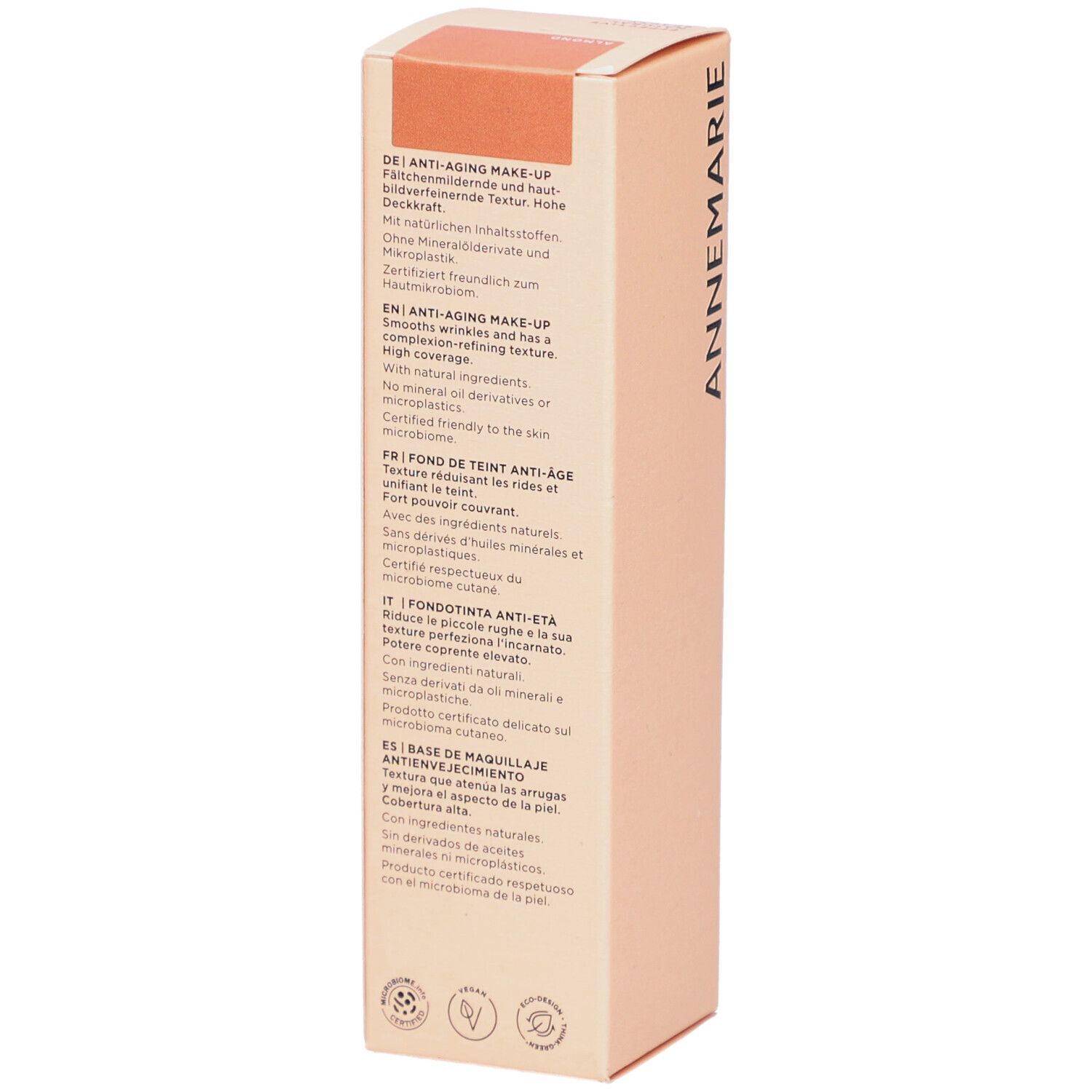 Boîte en carton beige. Texte en allemand, anglais, français, italien et espagnol. Informations sur le produit.