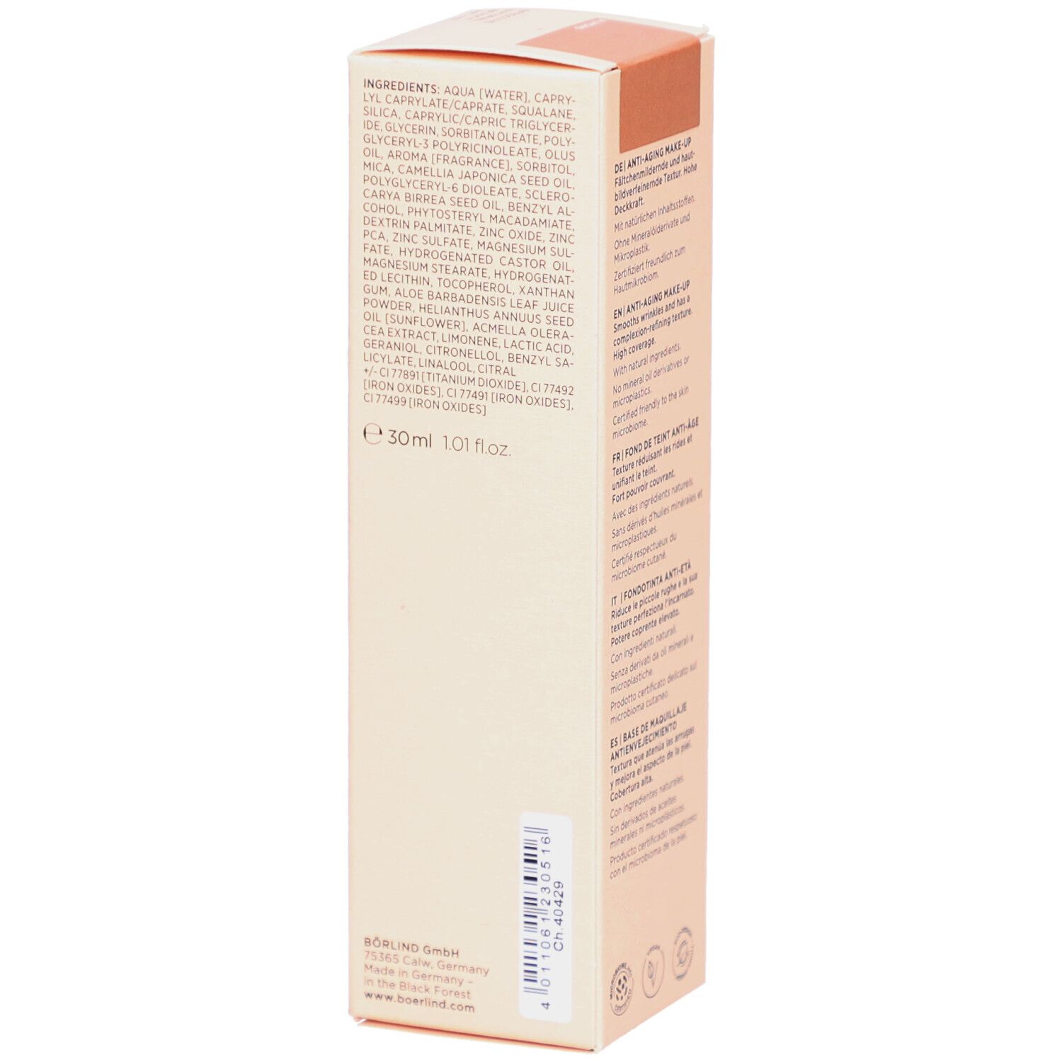 Boîte en carton beige. Liste des ingrédients. Volume: 30ml. Logo: E 30ml 1.0fl oz.