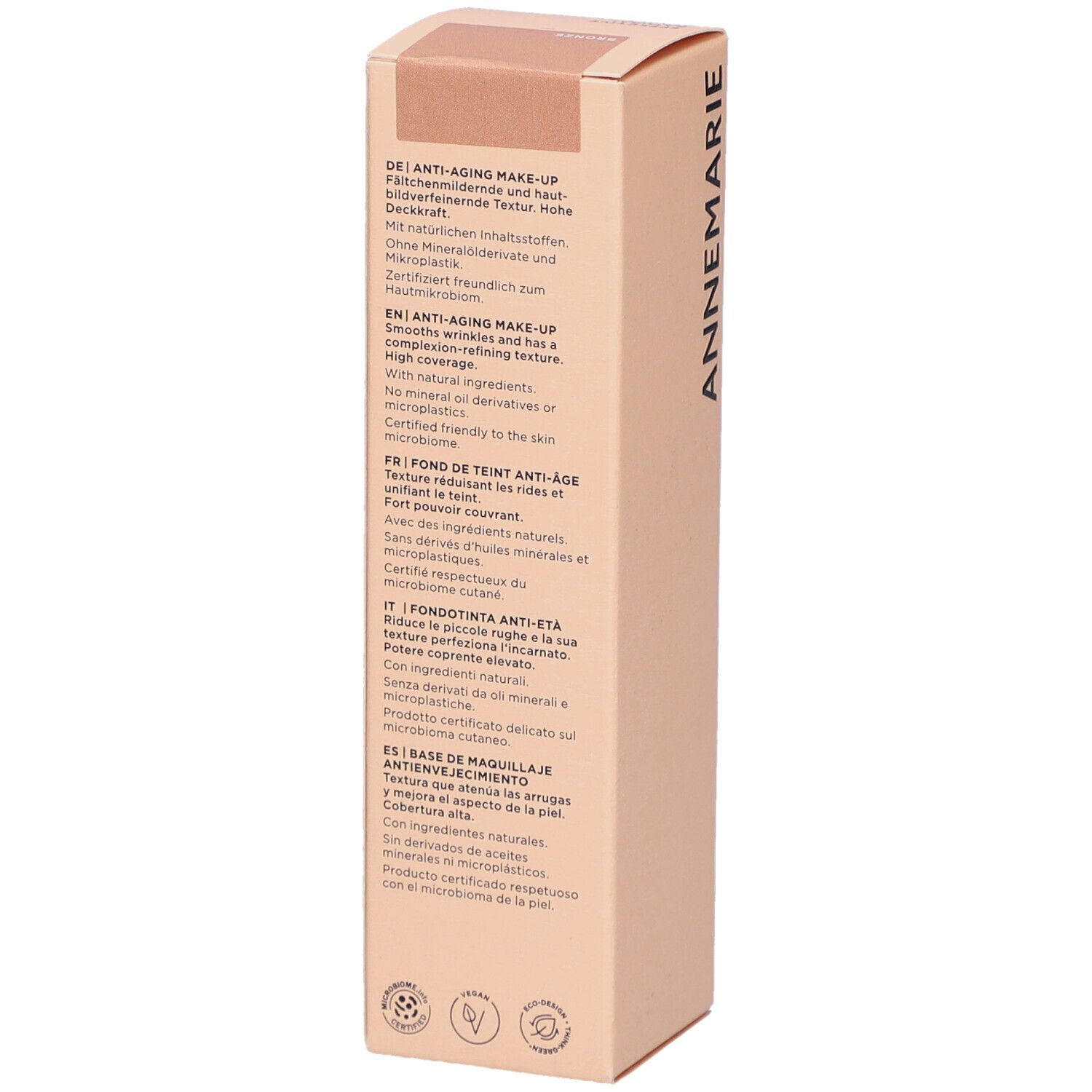 Emballage en carton avec textes en allemand, anglais, français, italien et espagnol. Informations sur le produit et certifications.