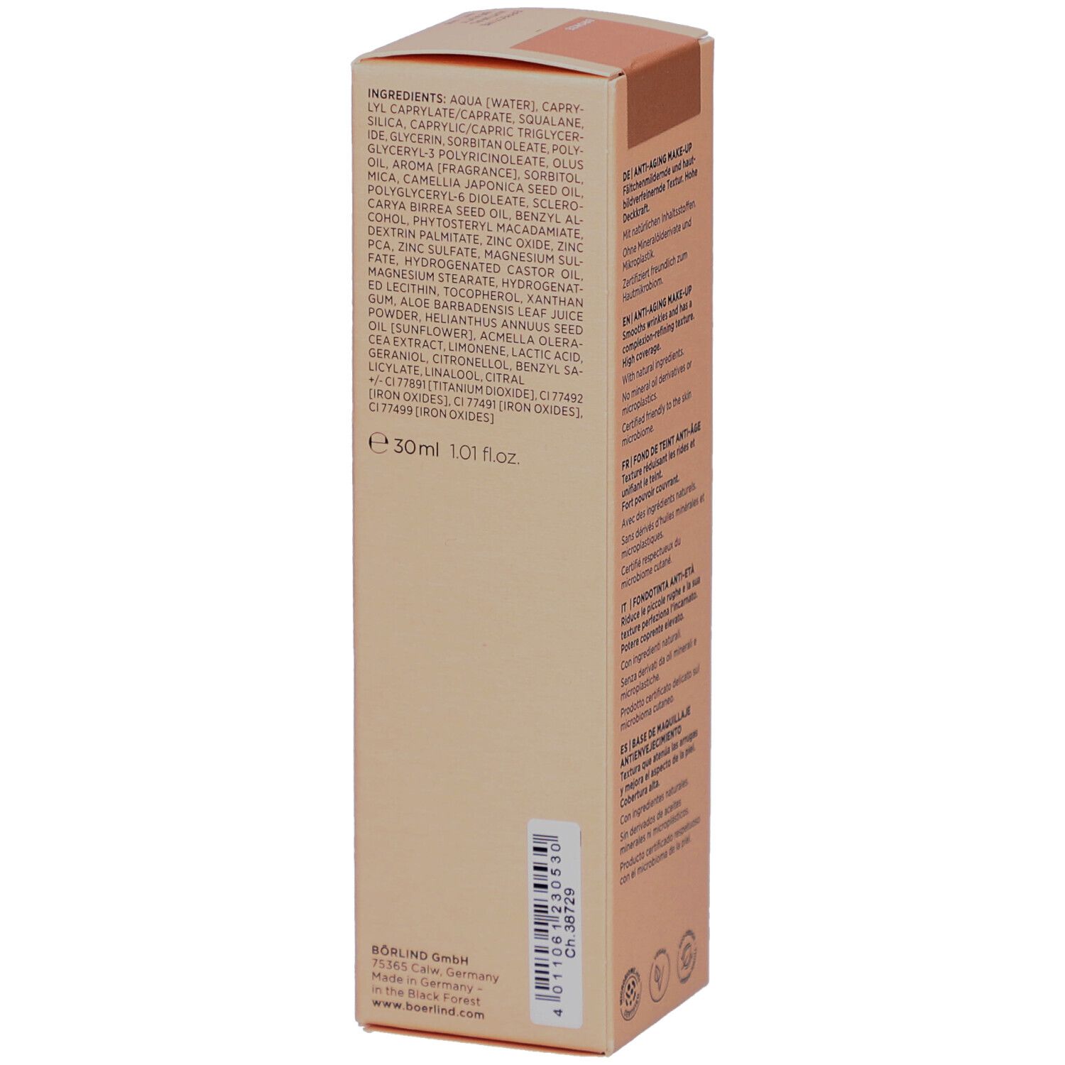 Emballage en carton avec ingrédients et informations du fabricant. Volume: 30ml. Texte: e 30ml 1.0fl oz.