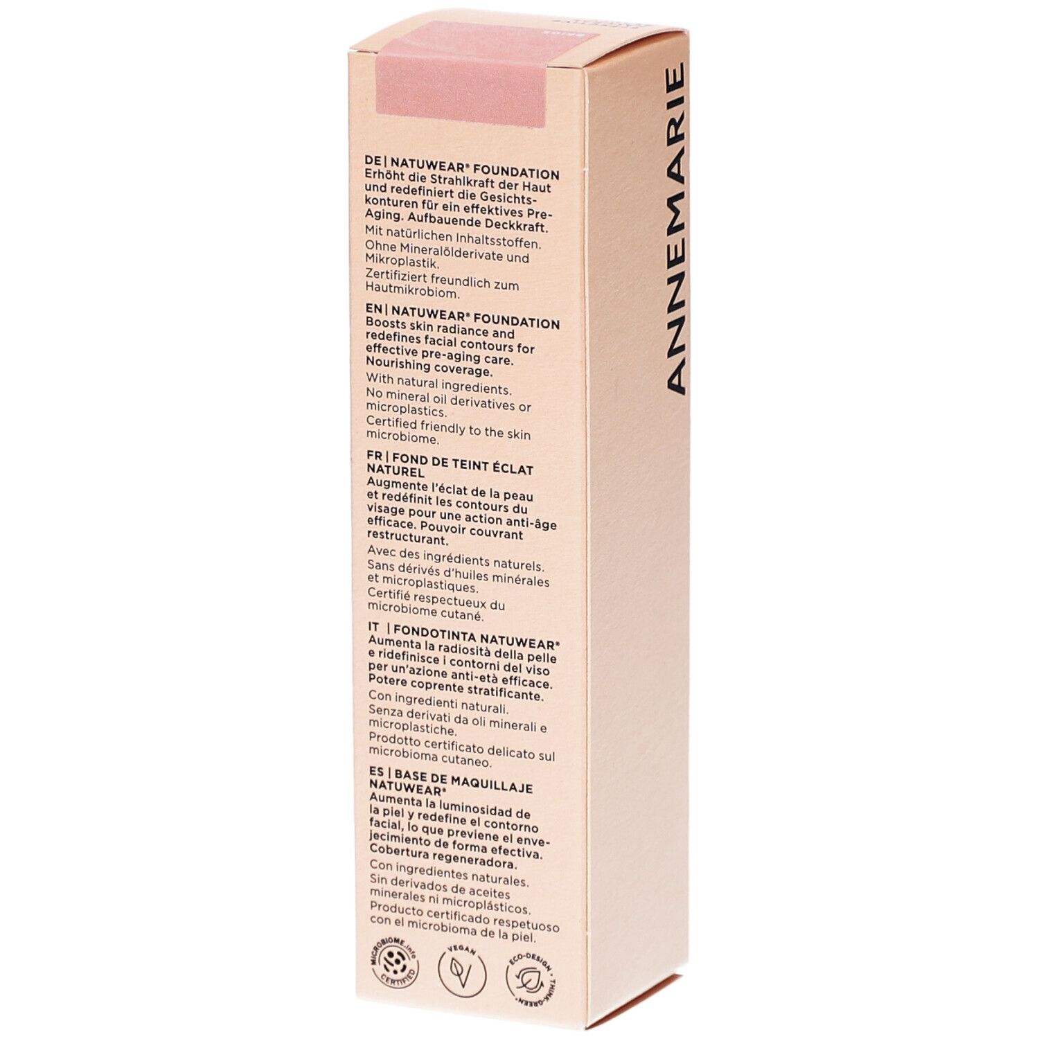 Emballage de maquillage. Texte en allemand, anglais, français, italien et espagnol. Informations sur le produit et certifications.