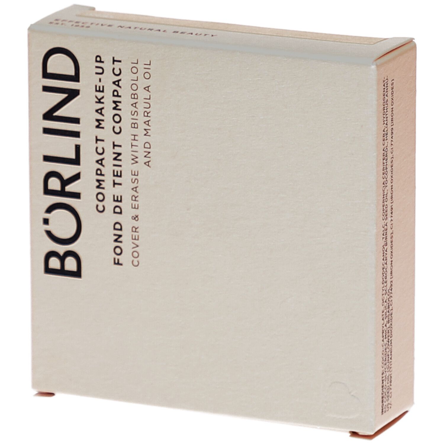Boîte de maquillage compact. Texte: BÖRLIND, COMPACT MAKE-UP, FOND DE TEINT COMPACT, COVER & ERASE WITH BISABOLOL AND MARULA OIL.