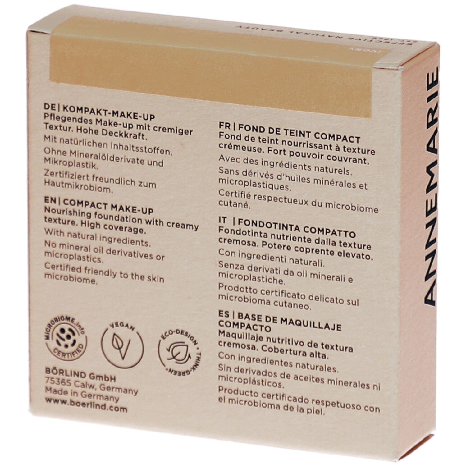 Dos de l'emballage de maquillage. Texte multilingue: DE, EN, FR, IT, ES. Logos: certification microbienne, Vegan, Eco-Design, Point vert.