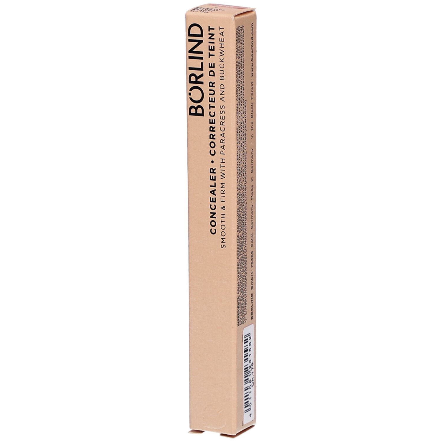 BÖRLIND Concealer-Verpackung. Beige, längliche Schachtel. Aufschrift: Concealer, Correcteur de teint, Smooth & Firm.