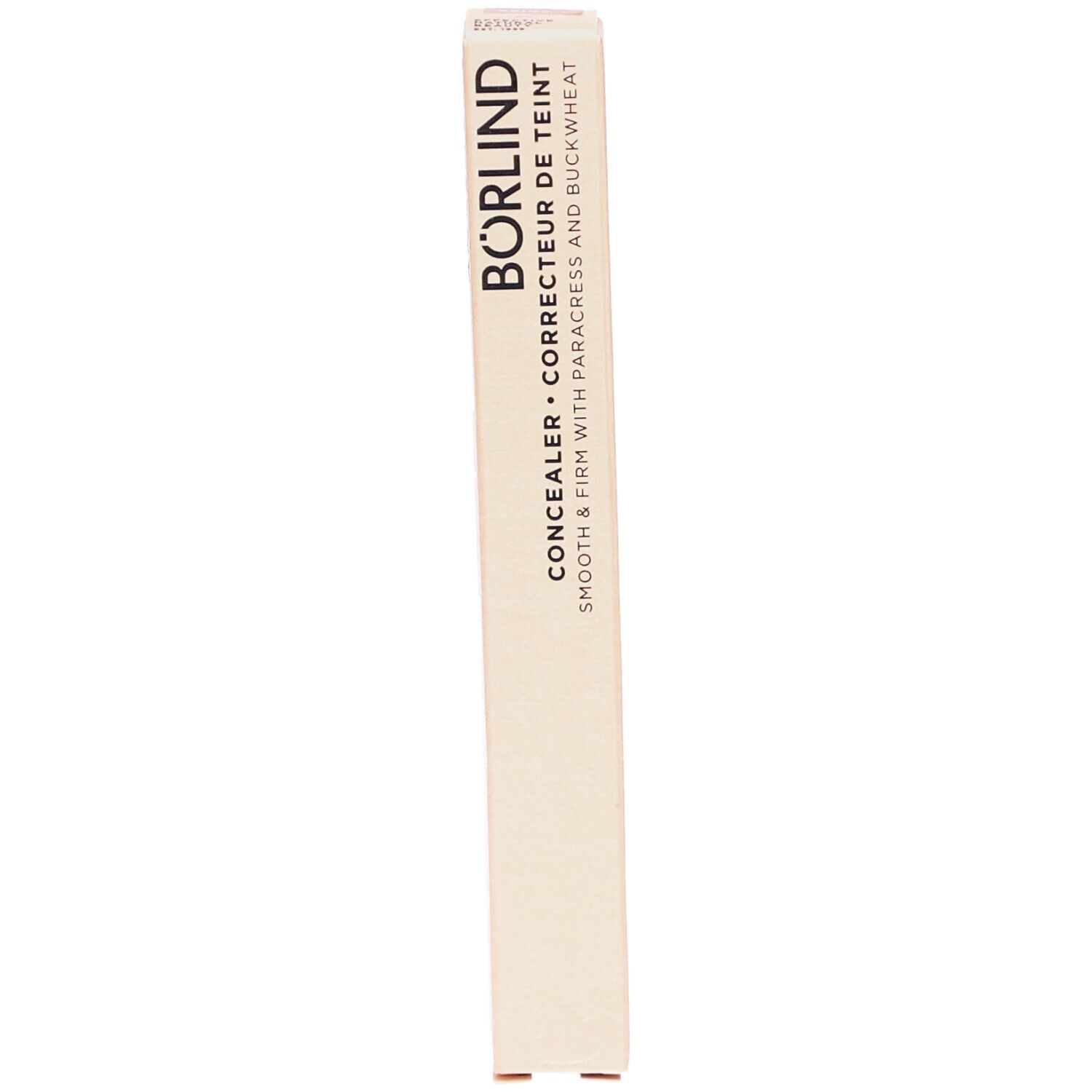 BÖRLIND Concealer-Verpackung. Beige, längliche Schachtel. Aufschrift: BÖRLIND, Concealer, Correcteur de teint.