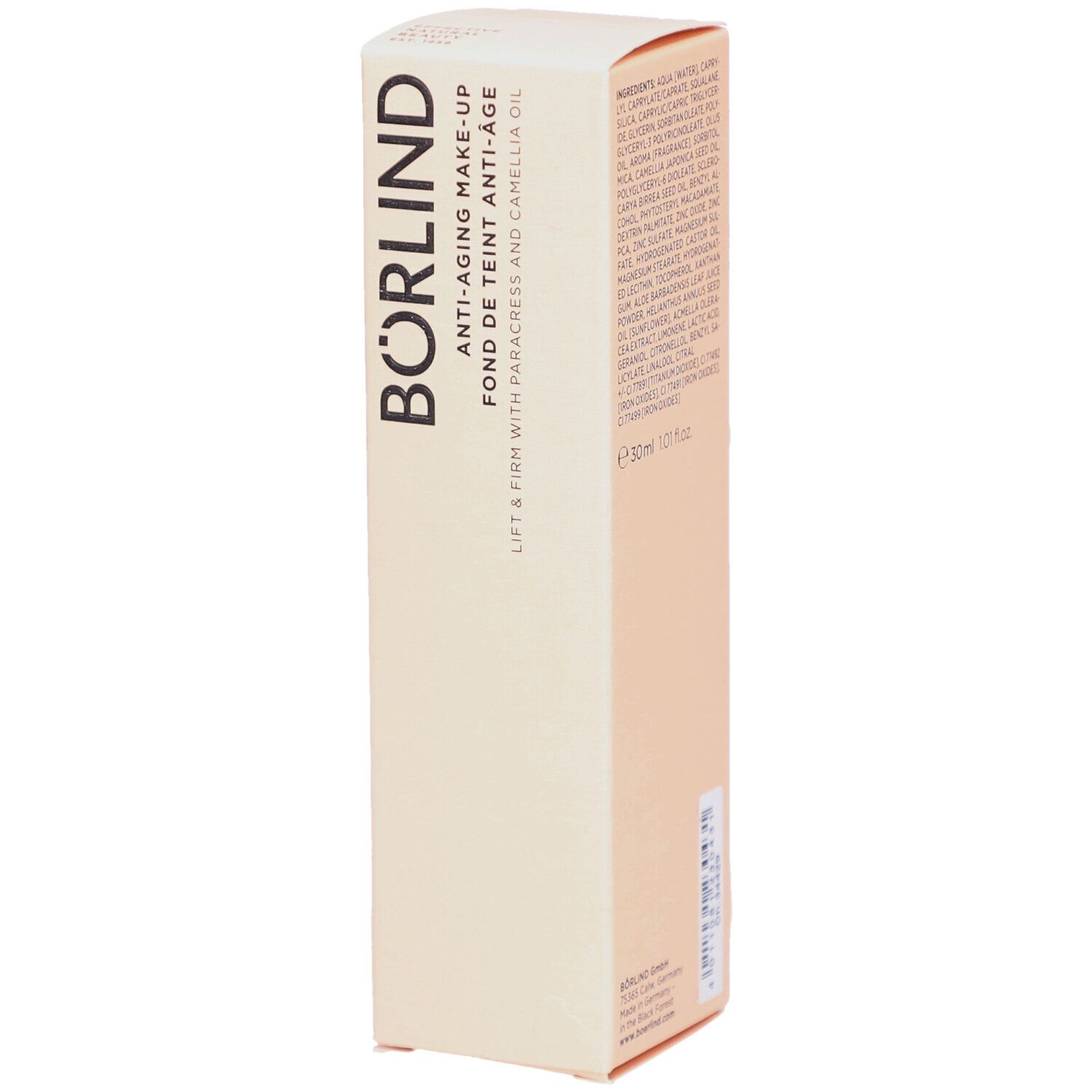 Boîte beige BÖRLIND Anti-Âge. Texte: Lift & Firm avec paracress et huile de camélia. 50ml.