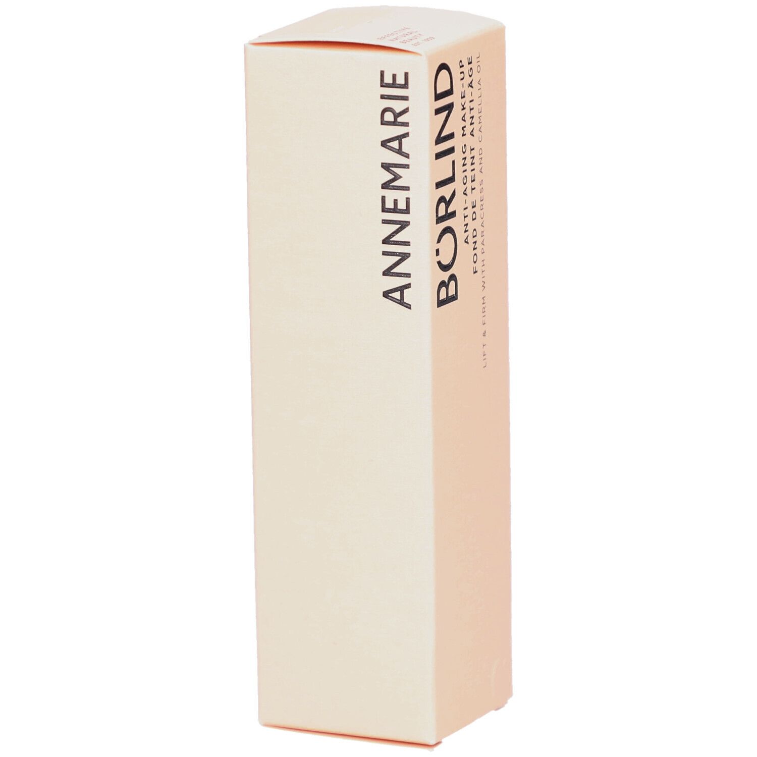 Boîte beige ANNE MARIE BÖRLIND. Texte: Anti-Âge Make-up. Vue oblique.