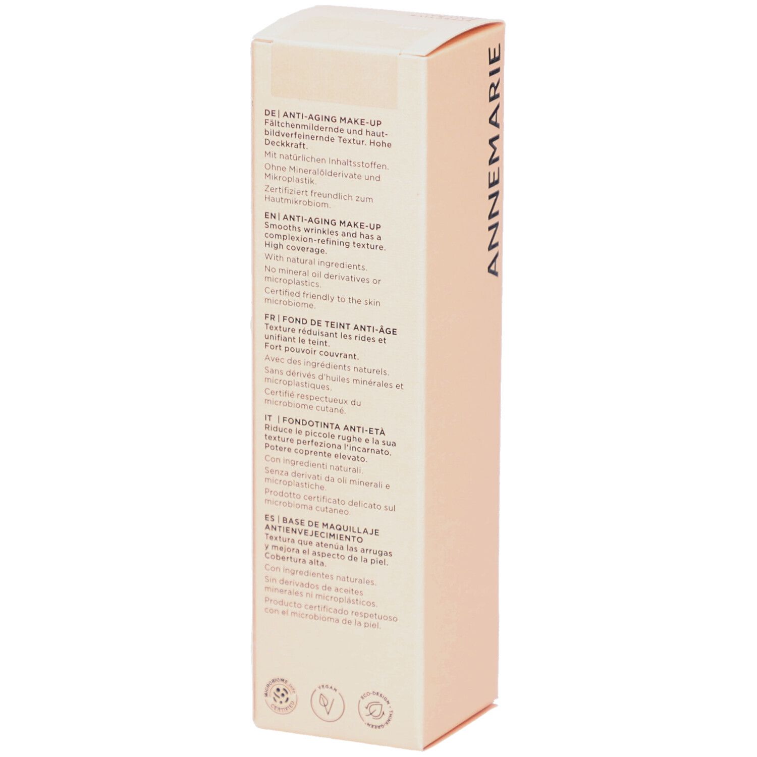 Boîte beige avec textes en allemand, anglais, français et italien. Texte: Anti-Âge Make-up.