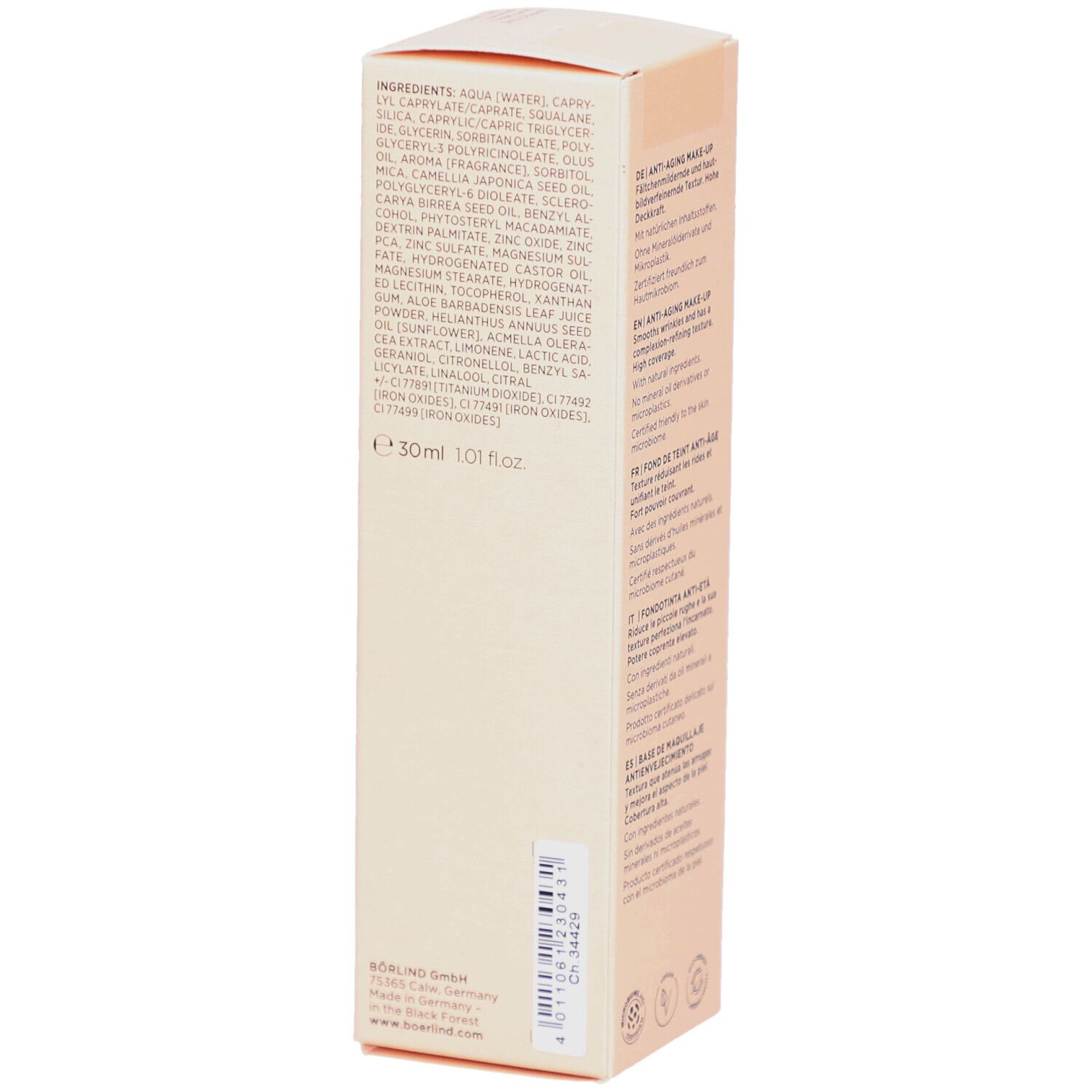 Boîte beige avec ingrédients et textes. Texte: BÖRLIND. 30ml. 1.01 fl.oz.