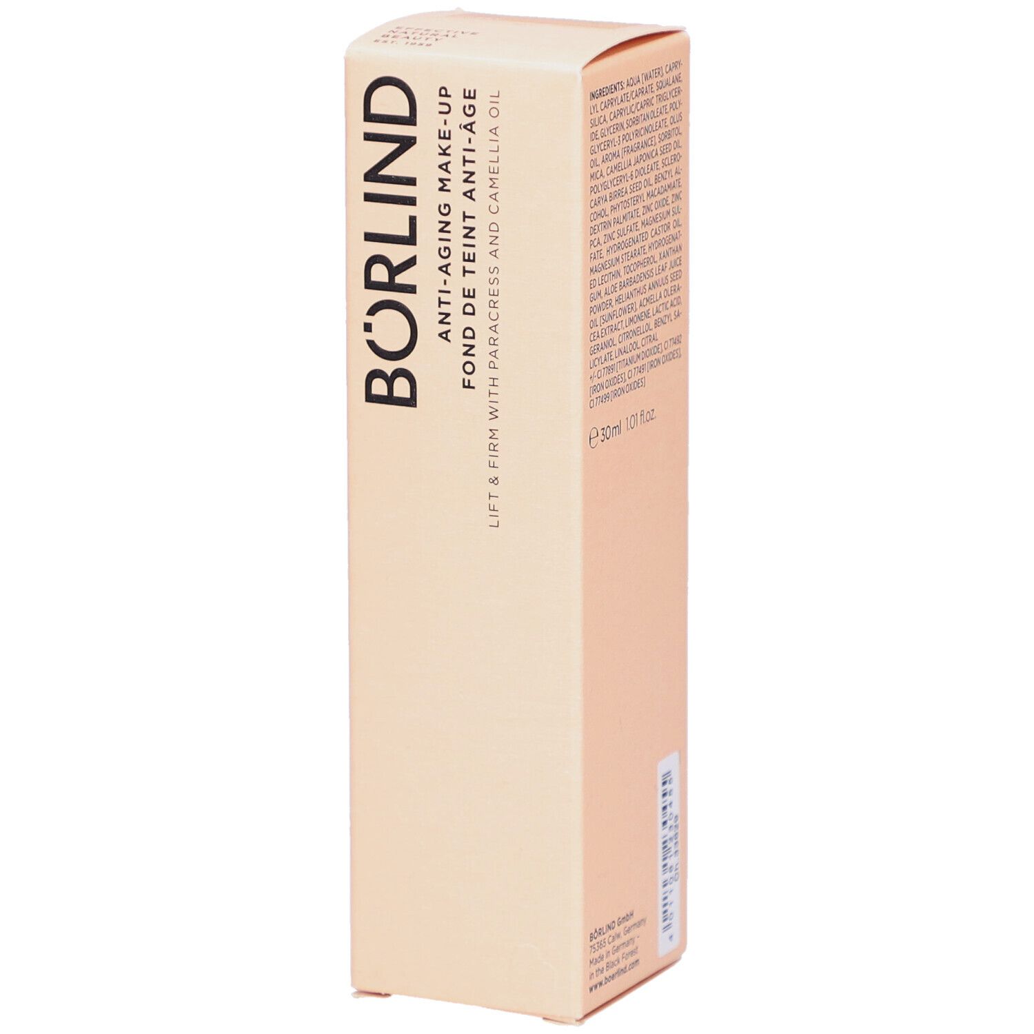 BÖRLIND Anti-Aging Make-up in Verpackung. Aufschrift: Anti-Aging Make-up, Lift & Firm. Farbton: honey. Inhalt: 30ml.