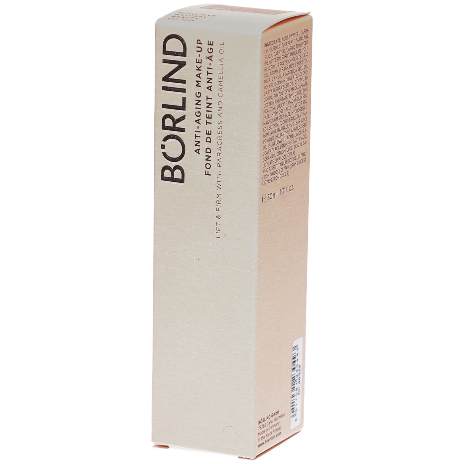 BÖRLIND Anti-Aging Make-up Verpackung. Beige Karton mit Produktinformationen und Logo. Text: Lift & Firm mit Paracress und Camellia Oil.