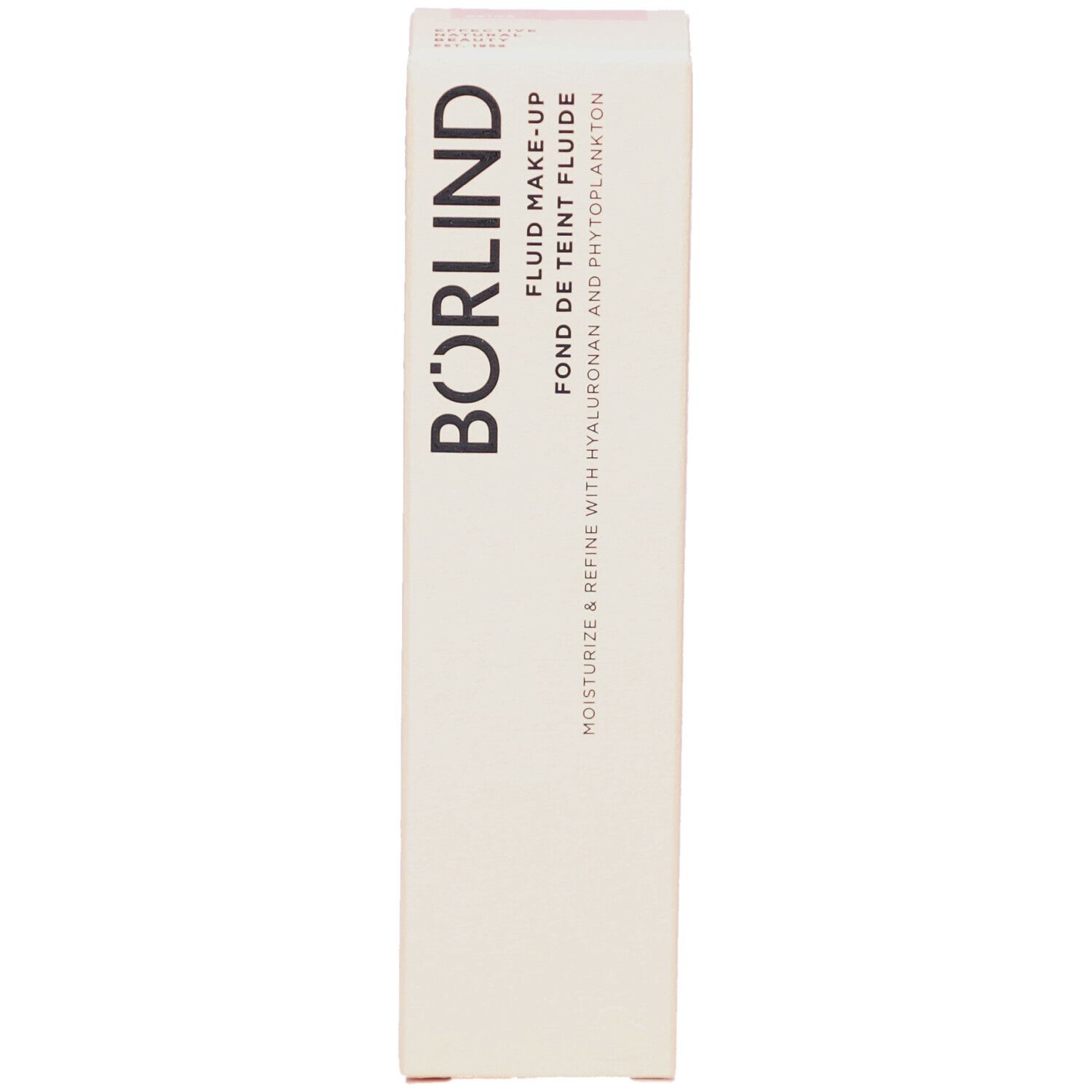 BÖRLIND Fluid Make-up-Verpackung. Beige Farbton. Weißer Karton mit Produktnamen und Inhaltsangaben. 30ml.