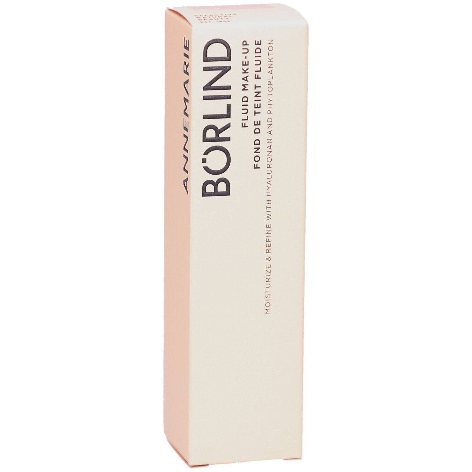 BÖRLIND Fluid Make-up-Verpackung. Beige Farbton. Weißer Karton mit Produktnamen und Inhaltsangaben. 30ml.