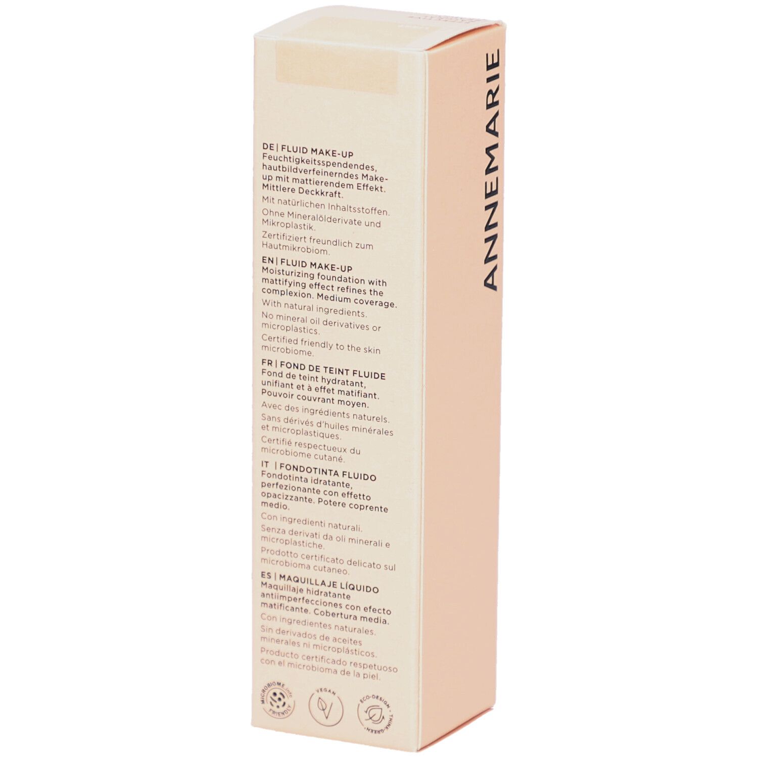 Boîte en carton beige. Texte en allemand, anglais, français, italien et espagnol. Informations sur le produit et ingrédients.