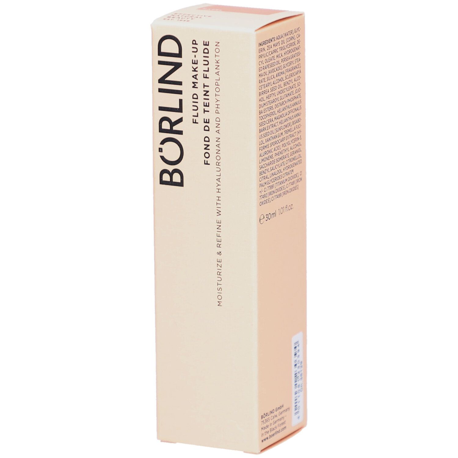 ANNEMARIE BÖRLIND Flüssiges Make-up Hazel in Verpackung. Beige-rosa Karton mit Produktinformationen und Logo.