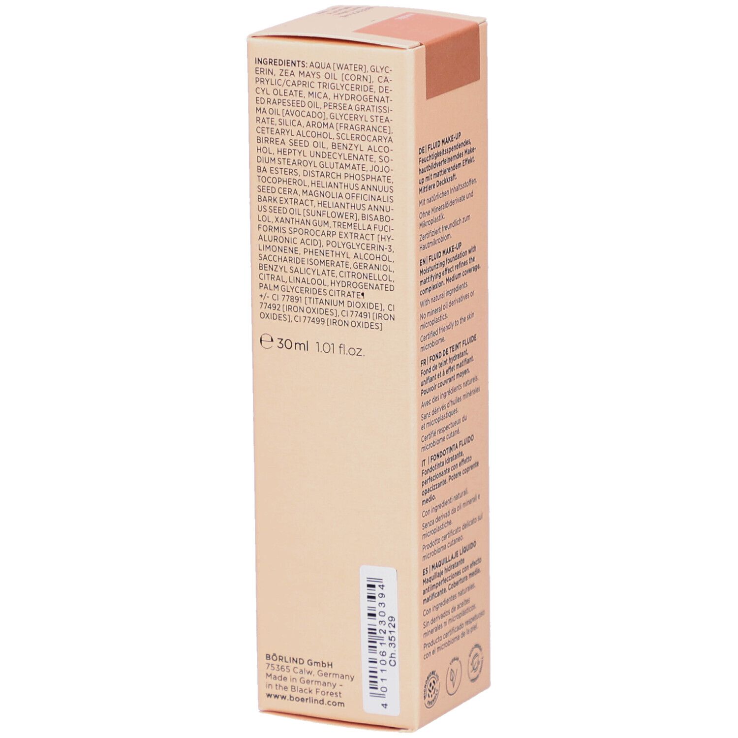 Seite der ANNEMARIE BÖRLIND Make-up Verpackung. Inhaltsstoffe und Produktinformationen.