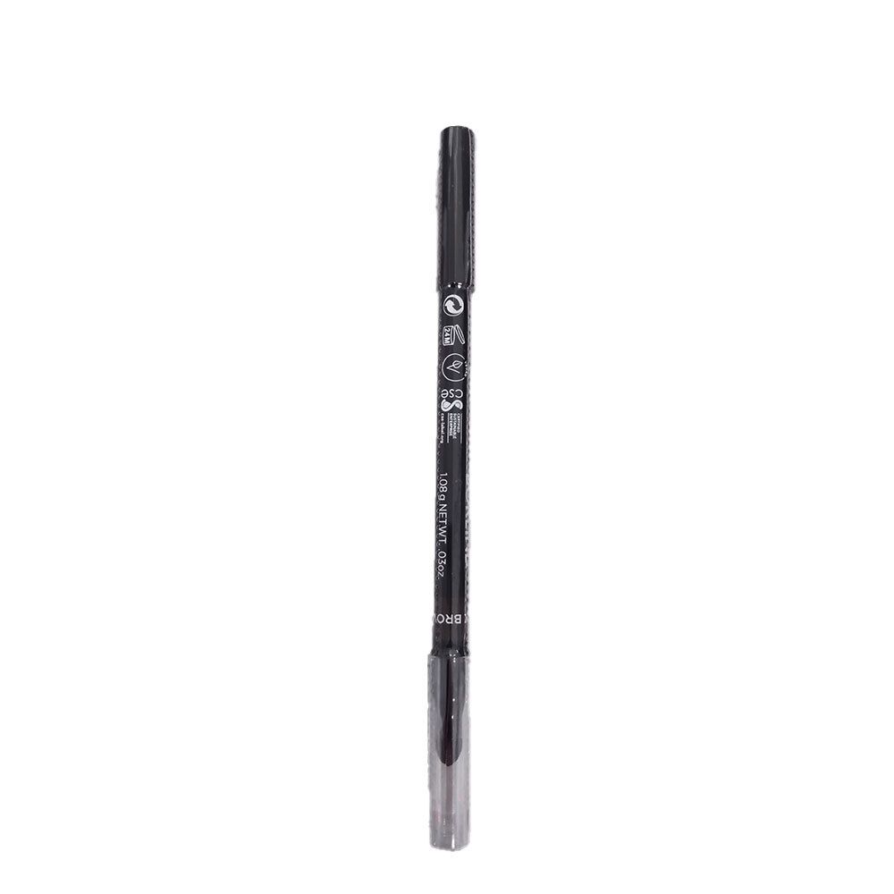 Kajalstift schwarzbraun. Schwarzer Stift mit silberner Kappe. Aufschrift mit Informationen.