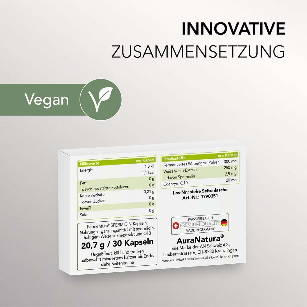 Produktverpackung mit Inhaltsangaben. Text: Innovative Zusammensetzung. Vegan. Nährwerte und Inhaltsstoffe pro Kapsel.