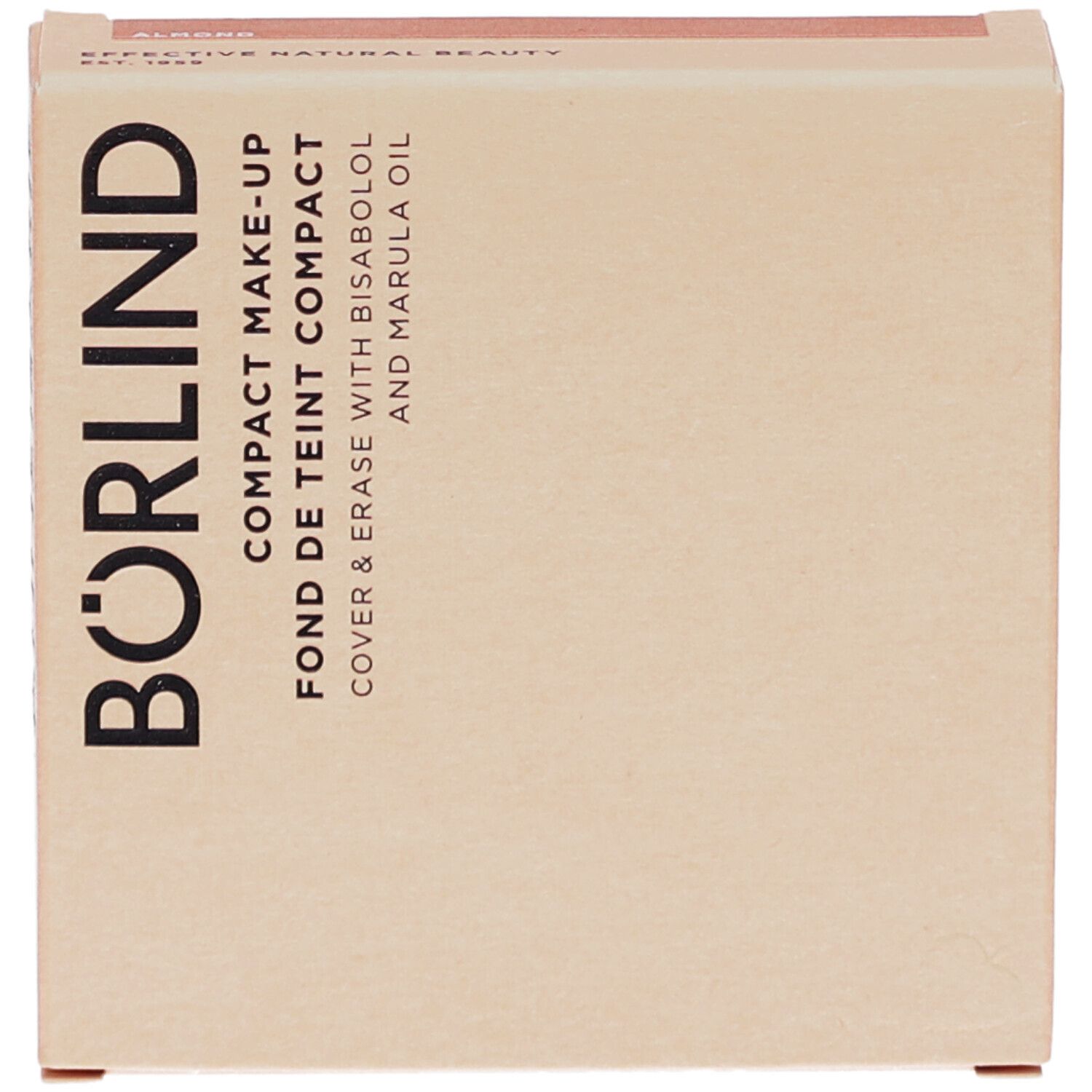 Emballage de maquillage compact. Boîte beige-rosé avec informations produit et nom de marque BÖRLIND.