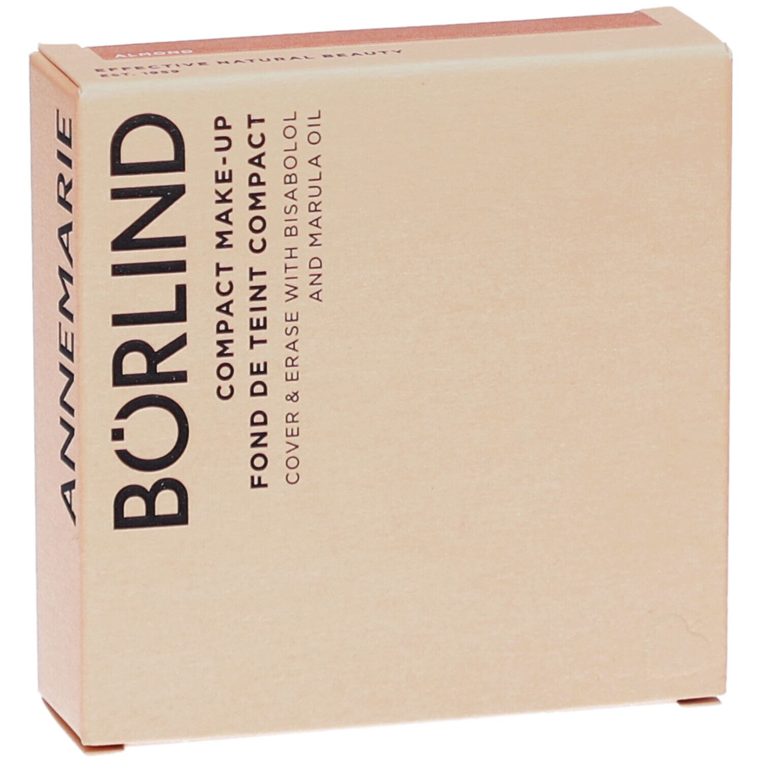 Emballage de maquillage compact. Boîte beige-rosé avec informations produit et nom de marque ANNEMARIE BÖRLIND.