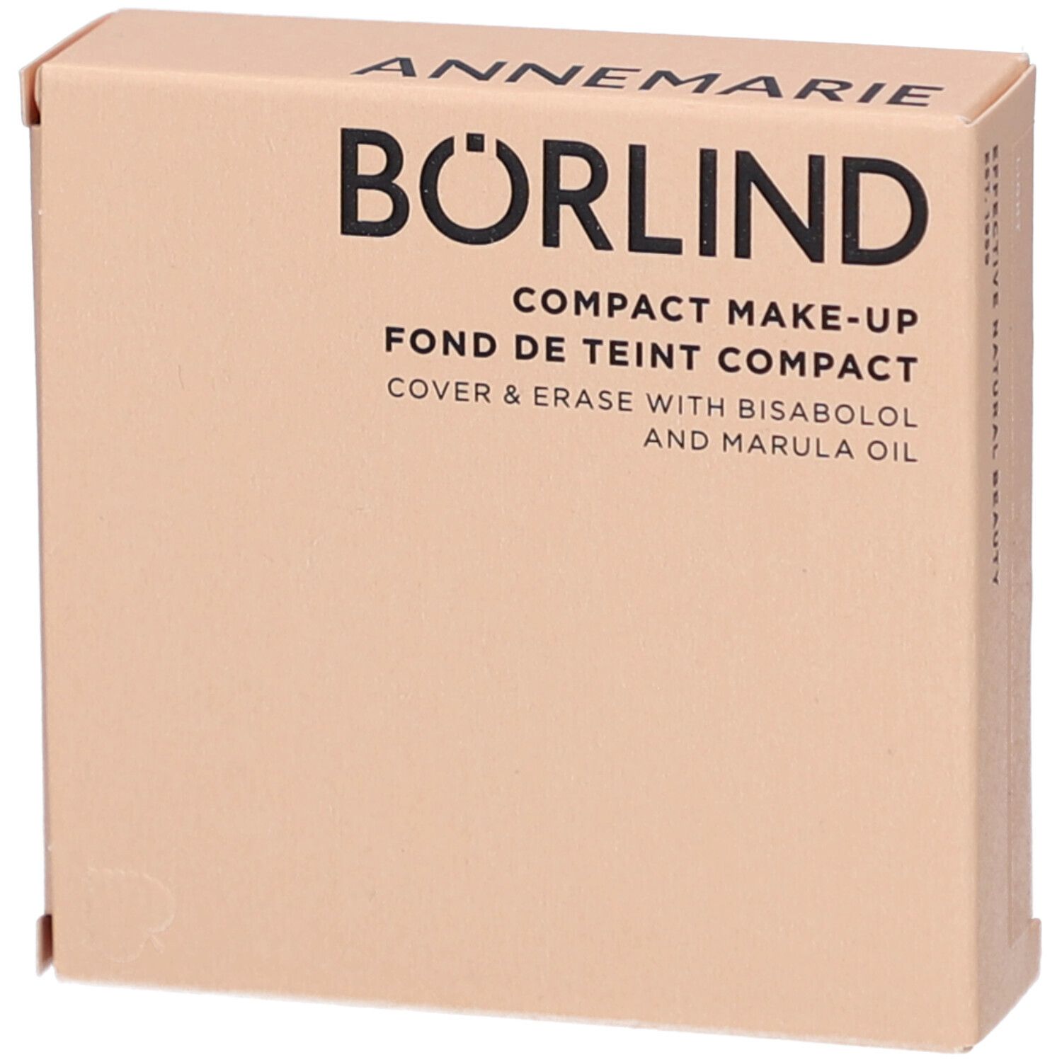 Emballage de maquillage compact. Marque: Annemarie Börlind. Texte: Compact Make-up, Cover & Erase. Boîte beige.
