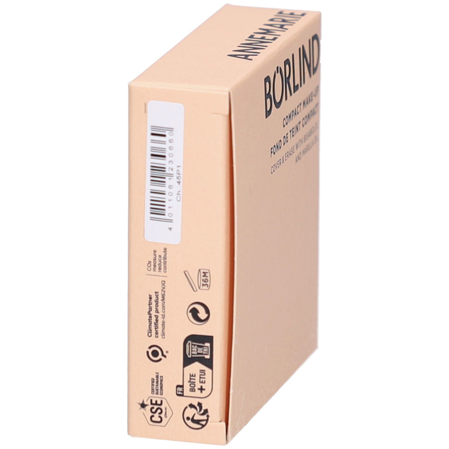 Emballage de maquillage compact. Marque: Annemarie Börlind. Code-barres et logos. Boîte beige.