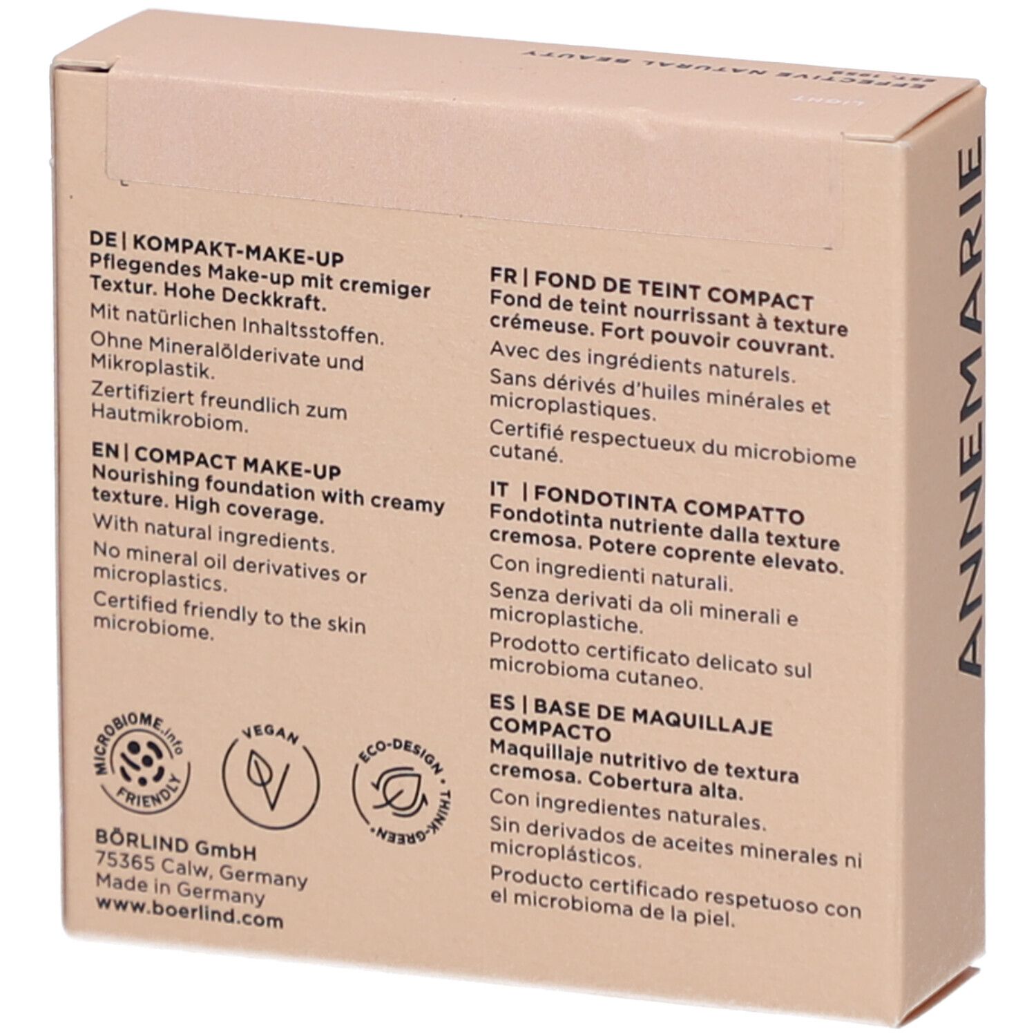 Emballage de maquillage compact. Marque: Annemarie Börlind. Texte en allemand, français, italien, espagnol. Boîte beige.