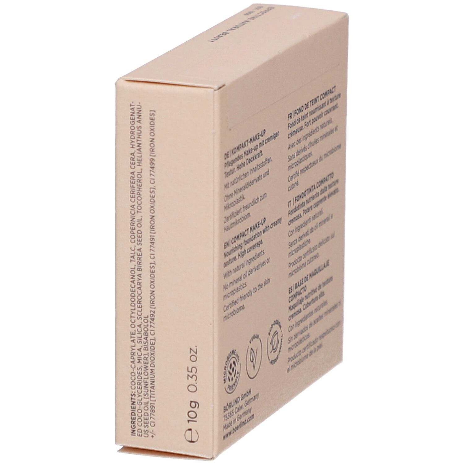 Emballage de maquillage compact. Marque: Annemarie Börlind. Ingrédients, 10g, logos. Boîte beige.