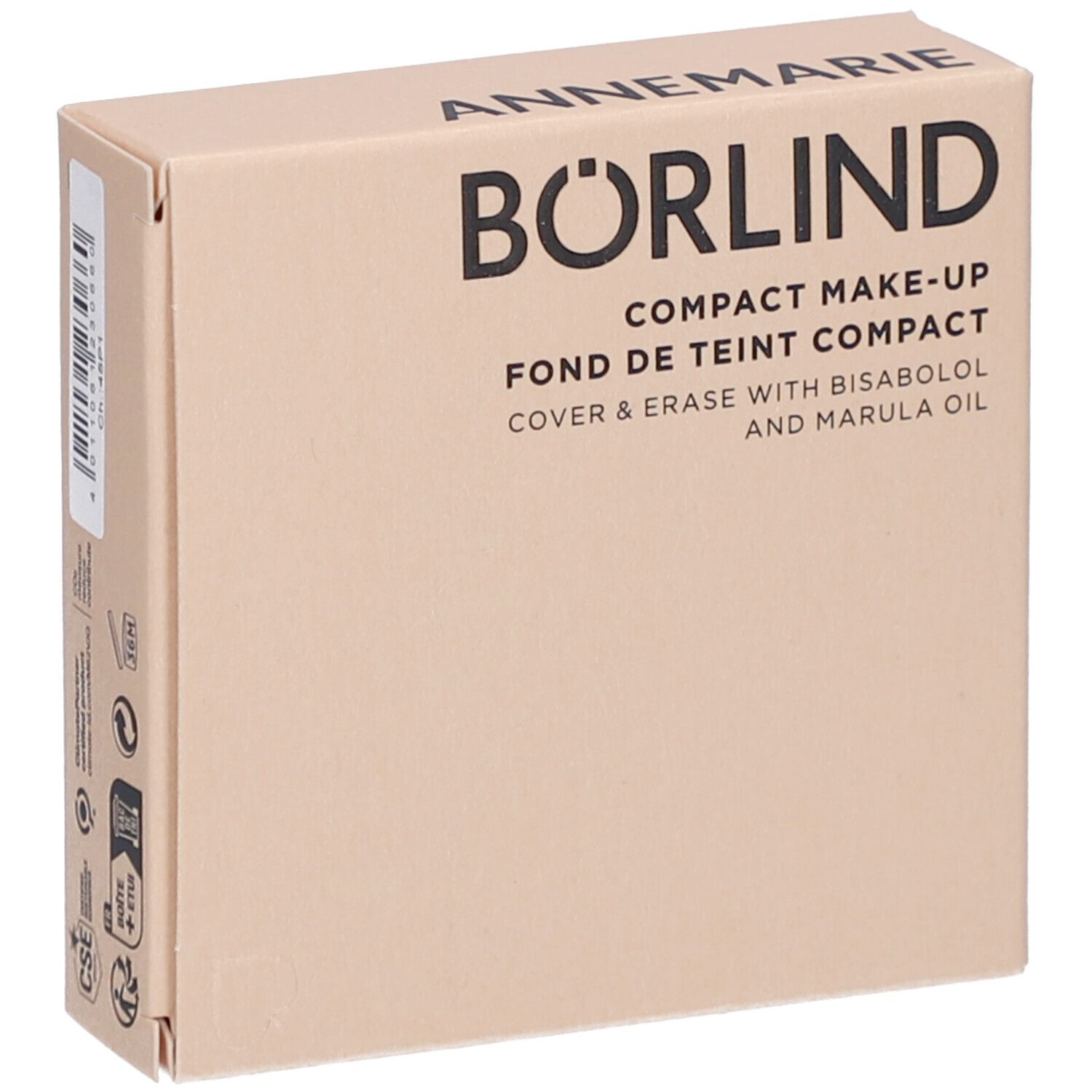 Emballage de maquillage compact. Marque: Annemarie Börlind. Texte: Compact Make-up, Cover & Erase. Boîte beige.