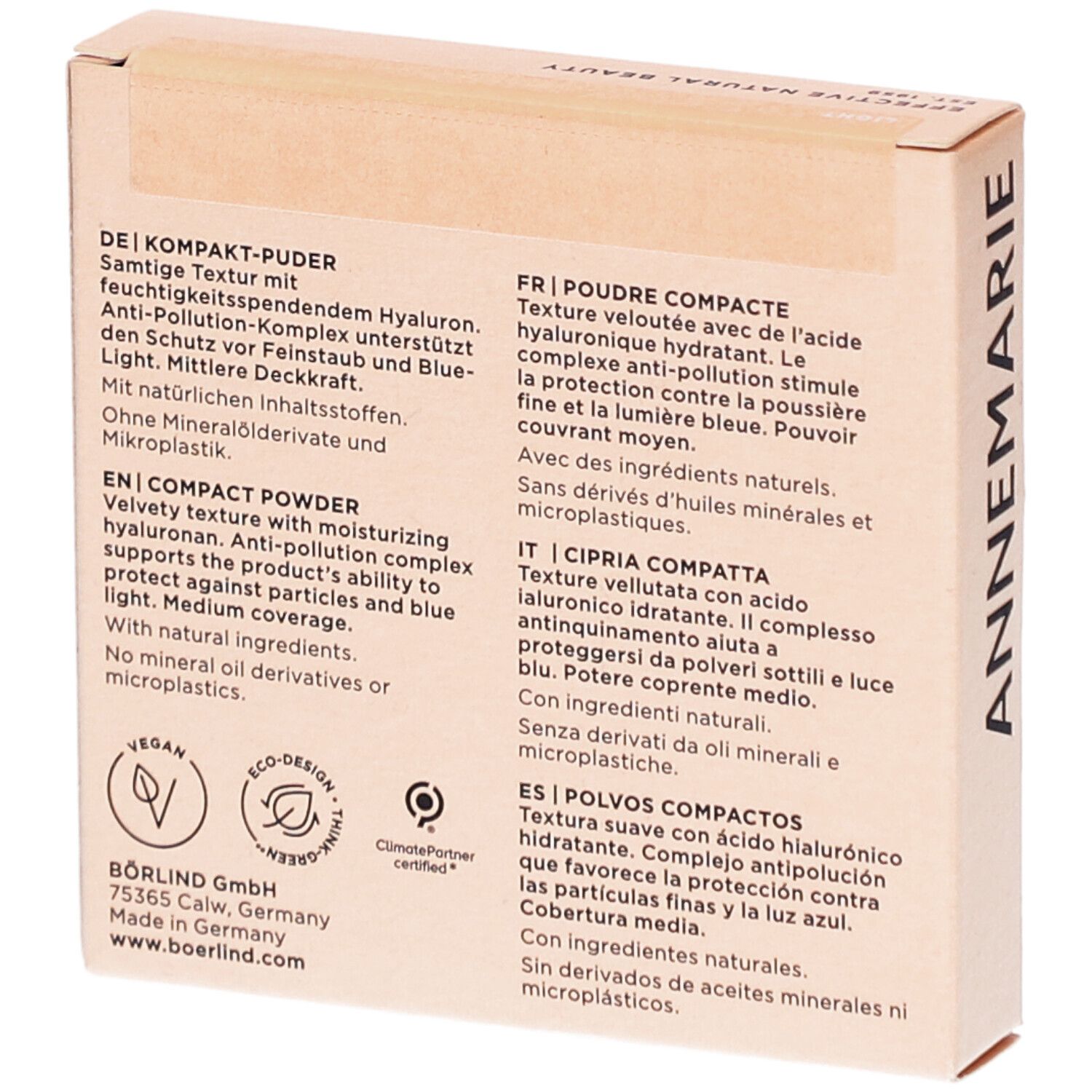 Dos de la boîte de poudre compacte. Texte en allemand, anglais, français, italien et espagnol. Logo vegan.