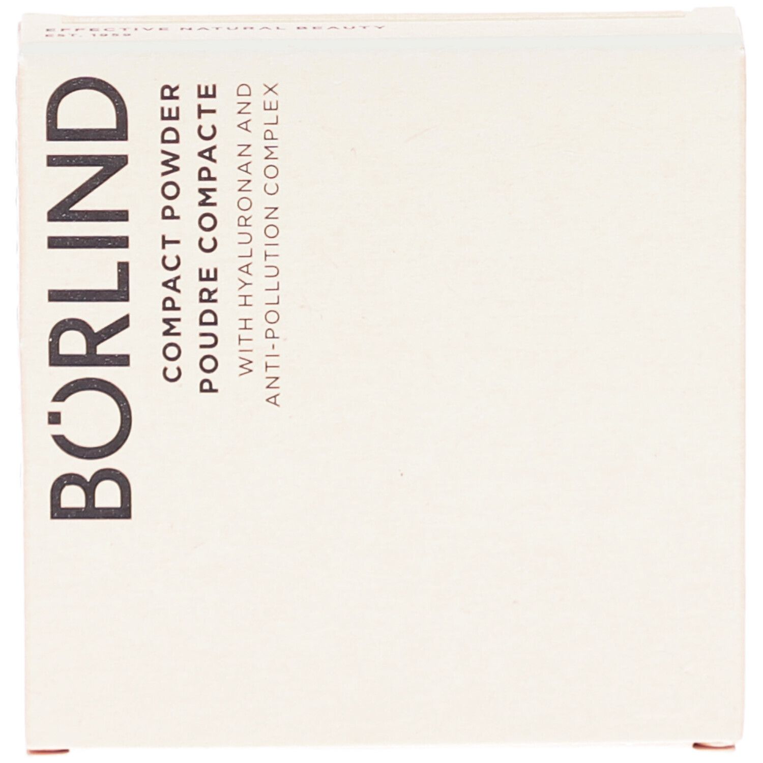 Boîte de poudre compacte beige. Inscription noire BÖRLIND. Texte: COMPACT POWDER, POUDRE COMPACTE avec Hyaluron.