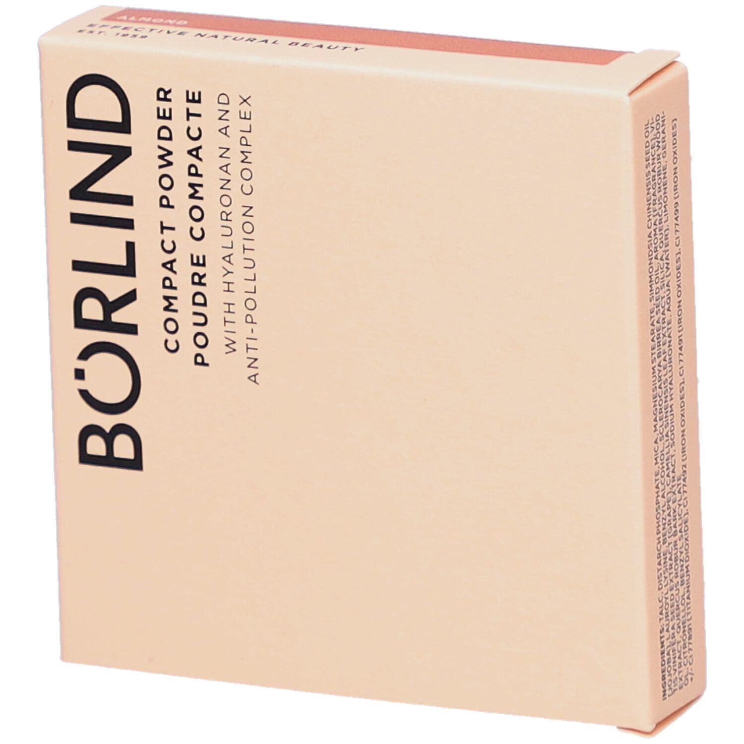 Boîte de poudre compacte BÖRLIND. Carton beige avec informations produit. Inscription noire BÖRLIND.