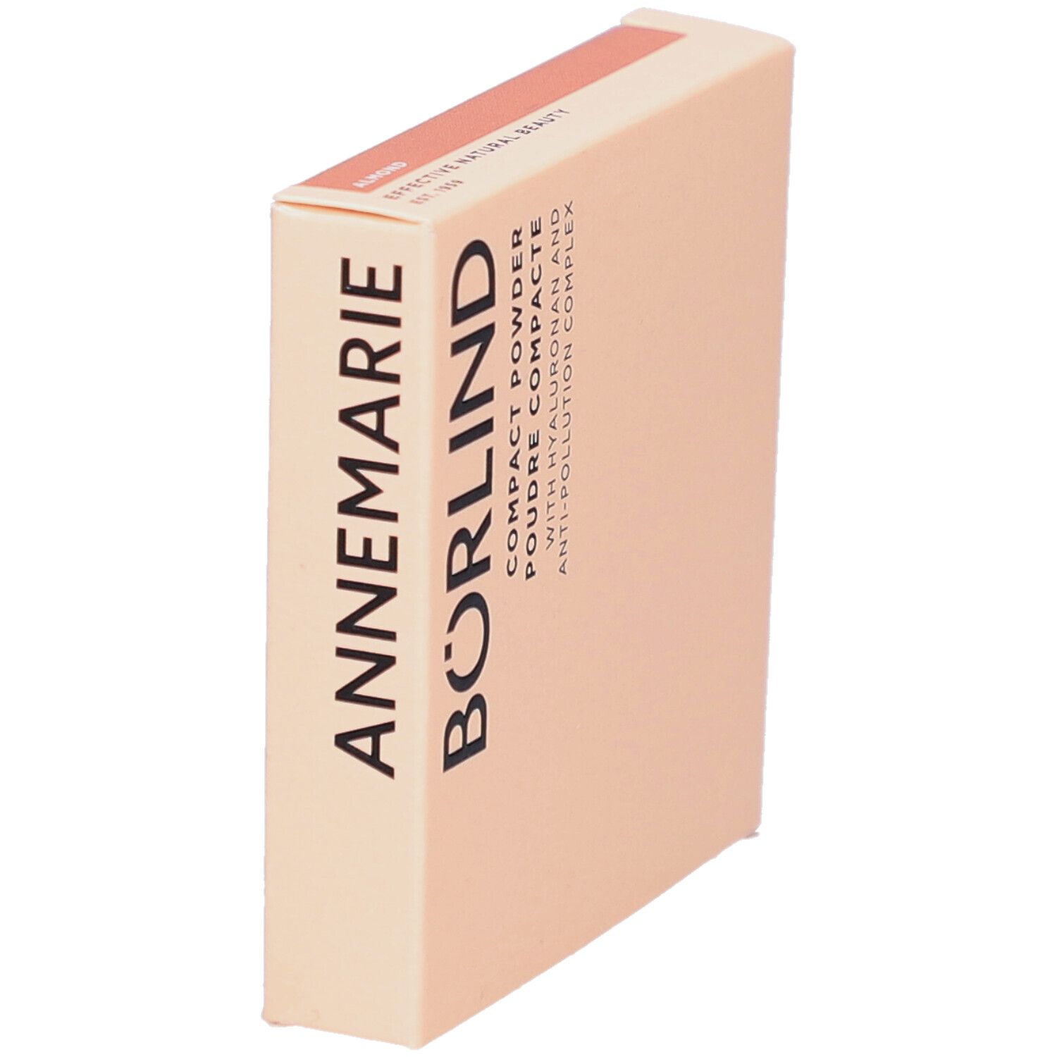 Boîte de poudre compacte. Carton beige avec informations produit. Inscription noire ANNEMARIE BÖRLIND.