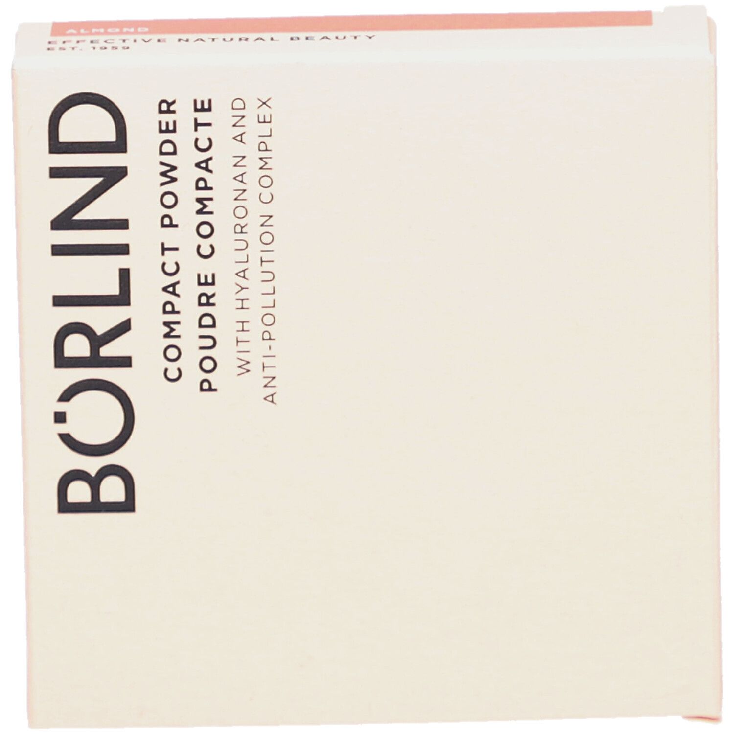 Boîte de poudre compacte BÖRLIND. Carton beige avec informations produit. Inscription noire BÖRLIND.