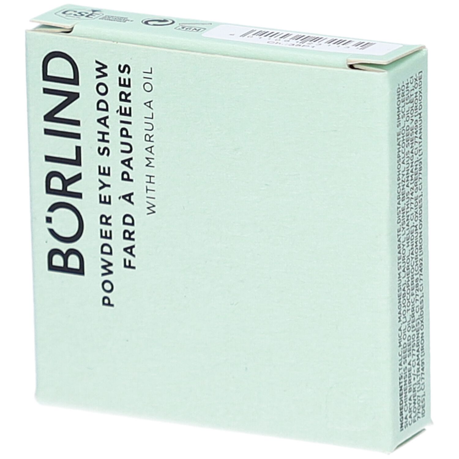 Hellgrüne Verpackung. Aufschrift: BÖRLIND, Powder Eye Shadow, Fard à paupières, with Marula Oil. Oben links: Logo.