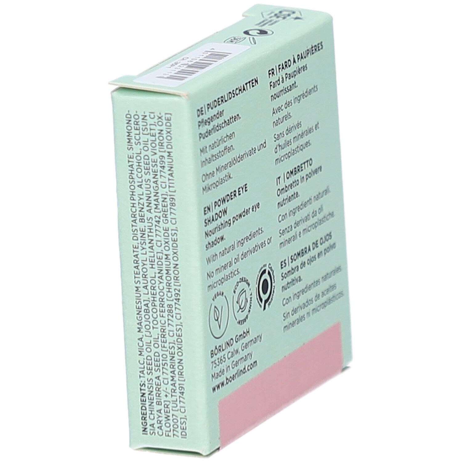 Hellgrüne Verpackung. Rückseite mit Text in Deutsch, Englisch, Französisch, Italienisch und Spanisch. Vegan-Logo.