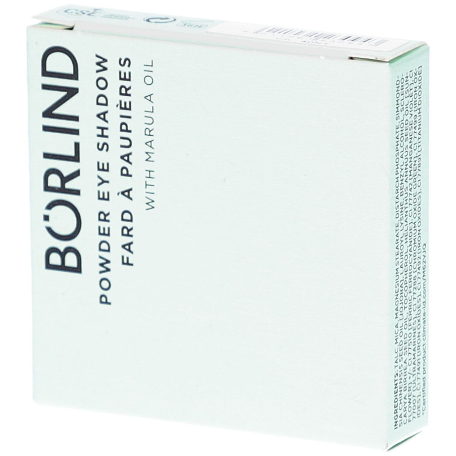 BÖRLIND Eyeshadow-Verpackung. Weißer Karton mit Produktbezeichnung und Marula-Öl. Eckige Form.