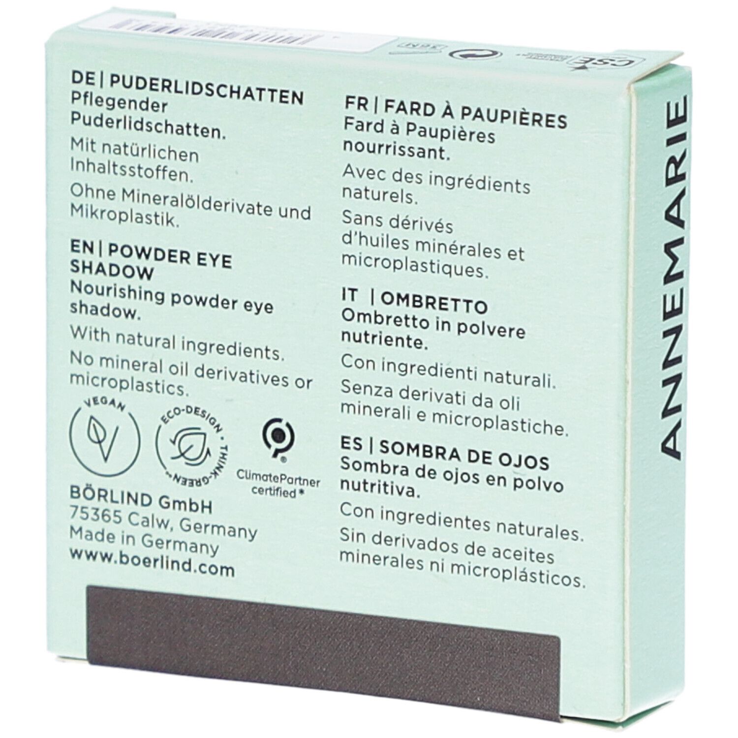Rückseite der BÖRLIND Eyeshadow-Verpackung. Text in Deutsch, Englisch, Französisch, Italienisch und Spanisch. Vegan-Siegel.