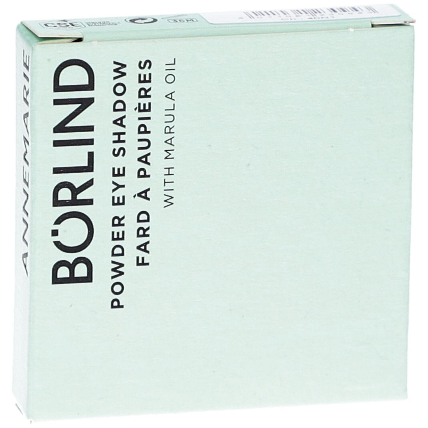 BÖRLIND Eyeshadow-Verpackung. Weiß-grüner Karton mit Produktbezeichnung und Marula-Öl. Eckige Form.