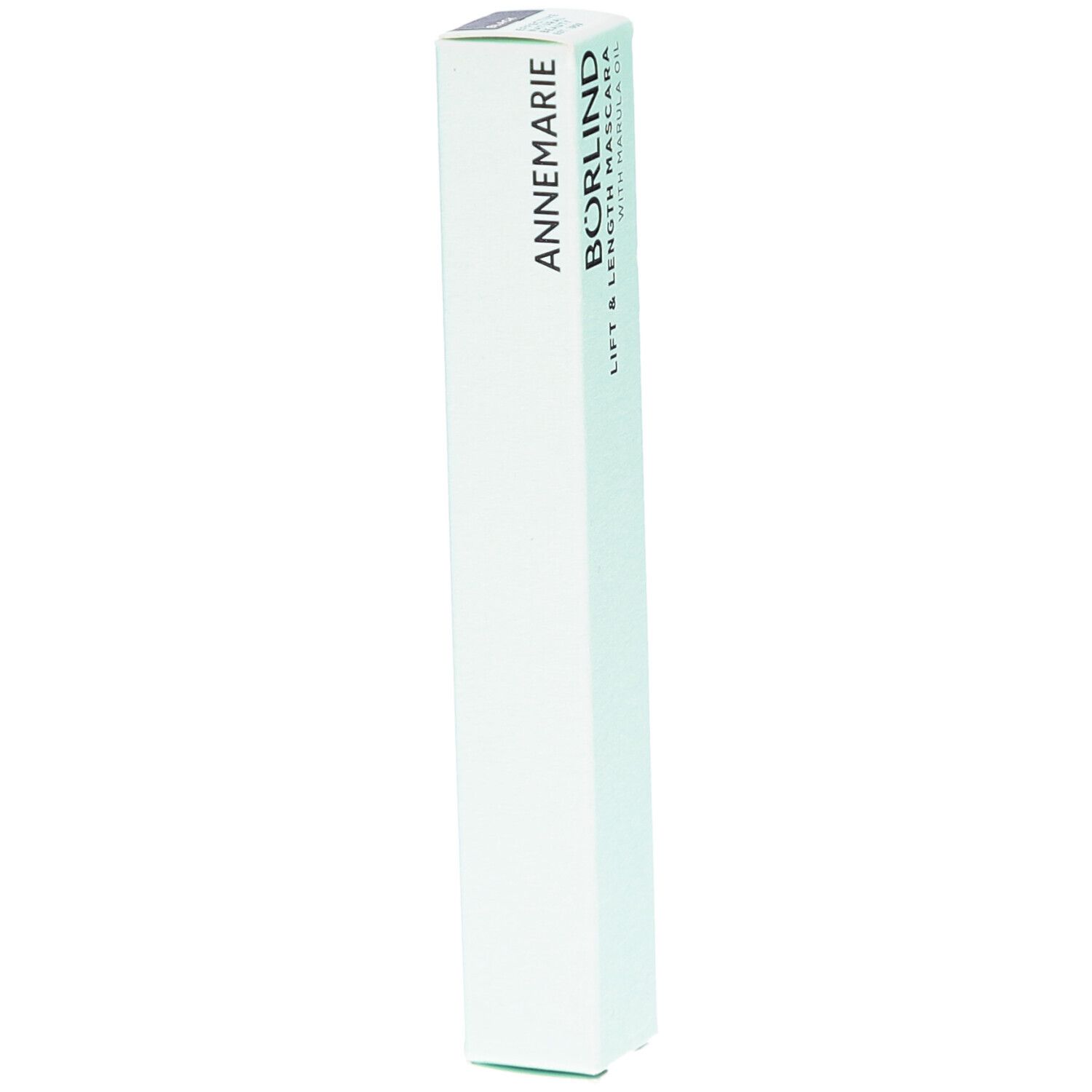 Emballage blanc. Inscription: ANNEMARIE BÖRLIND Lift & Length Mascara with Marula Oil. Écriture noire.
