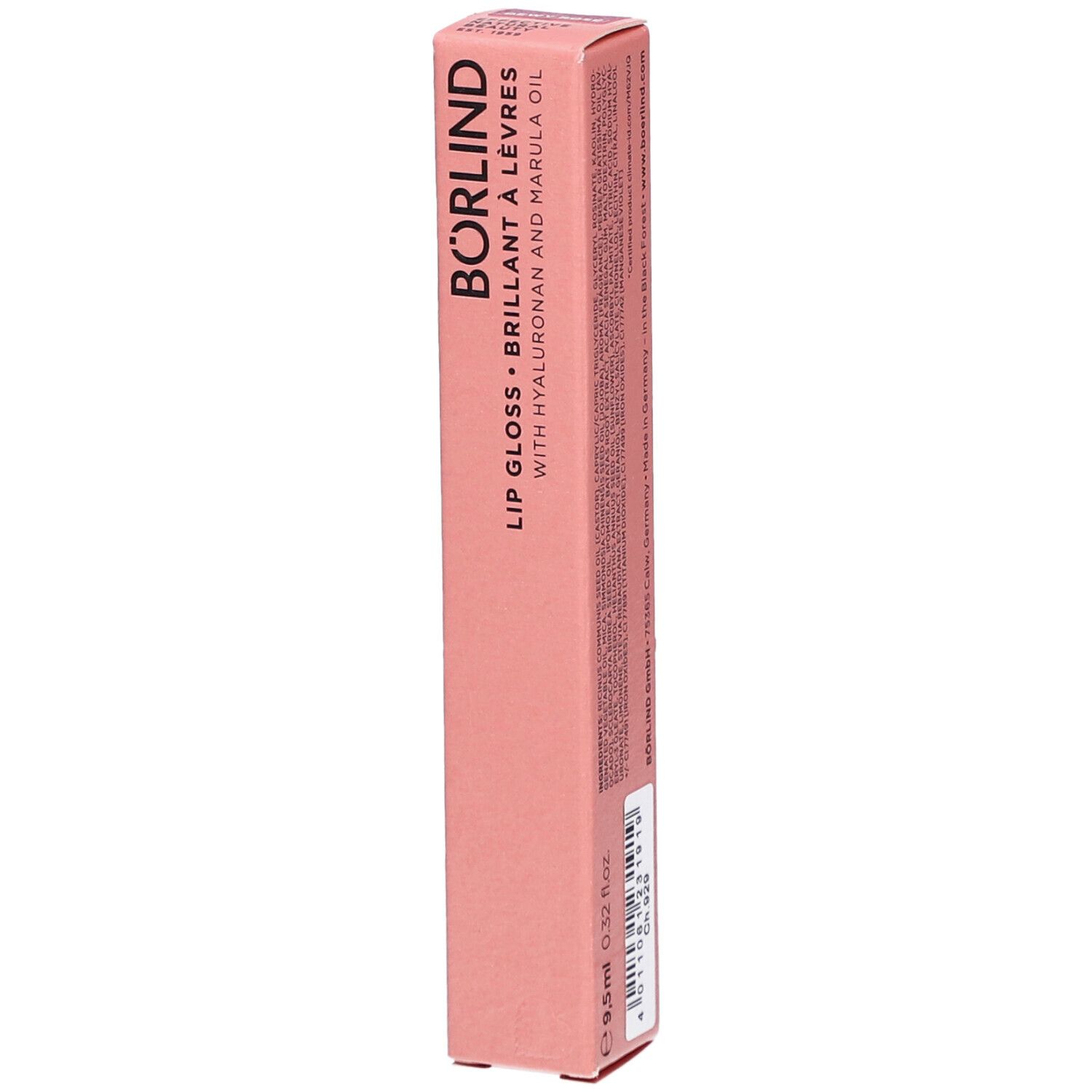 Emballage rose avec BÖRLIND Lip Gloss. Contient de l'acide hyaluronique et de l'huile de marula. 9,5 ml.