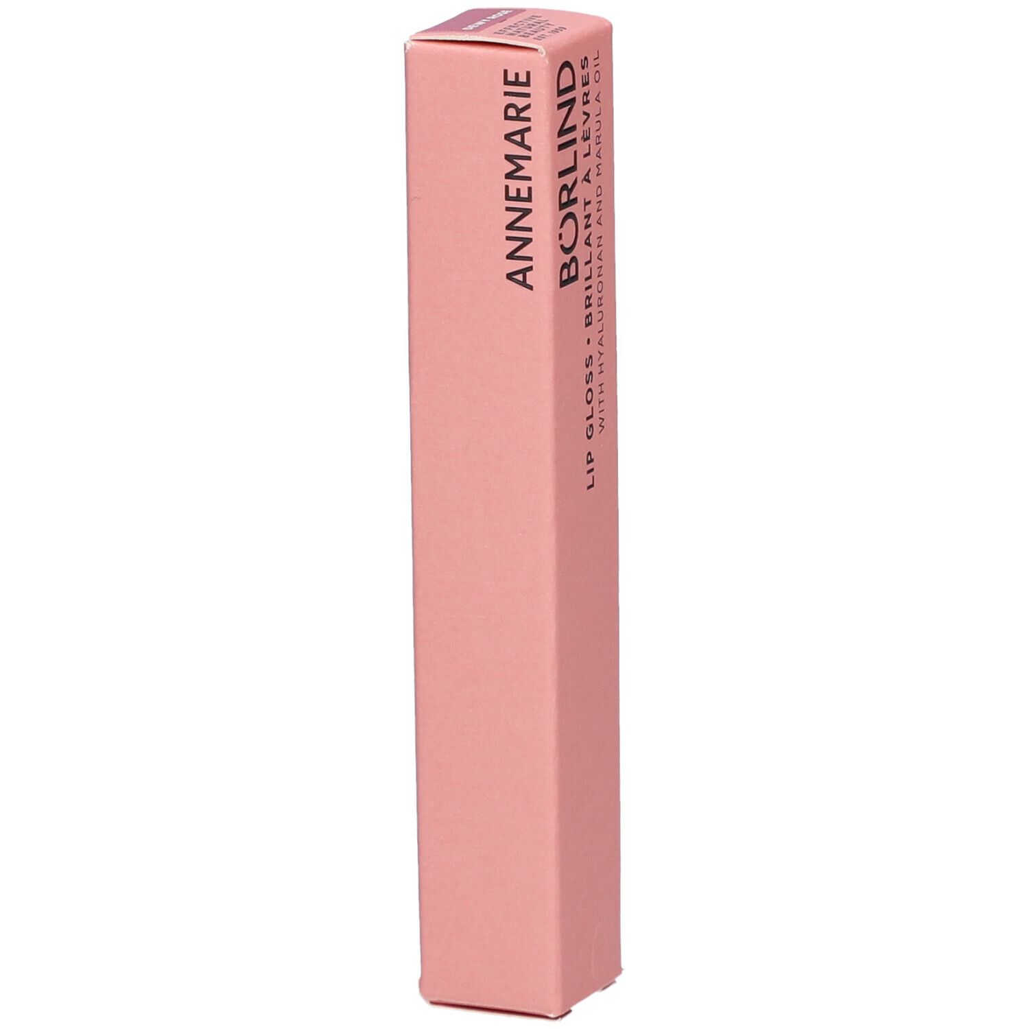 Emballage rose avec ANNEMARIE BÖRLIND Lip Gloss. Contient de l'acide hyaluronique et de l'huile de marula.