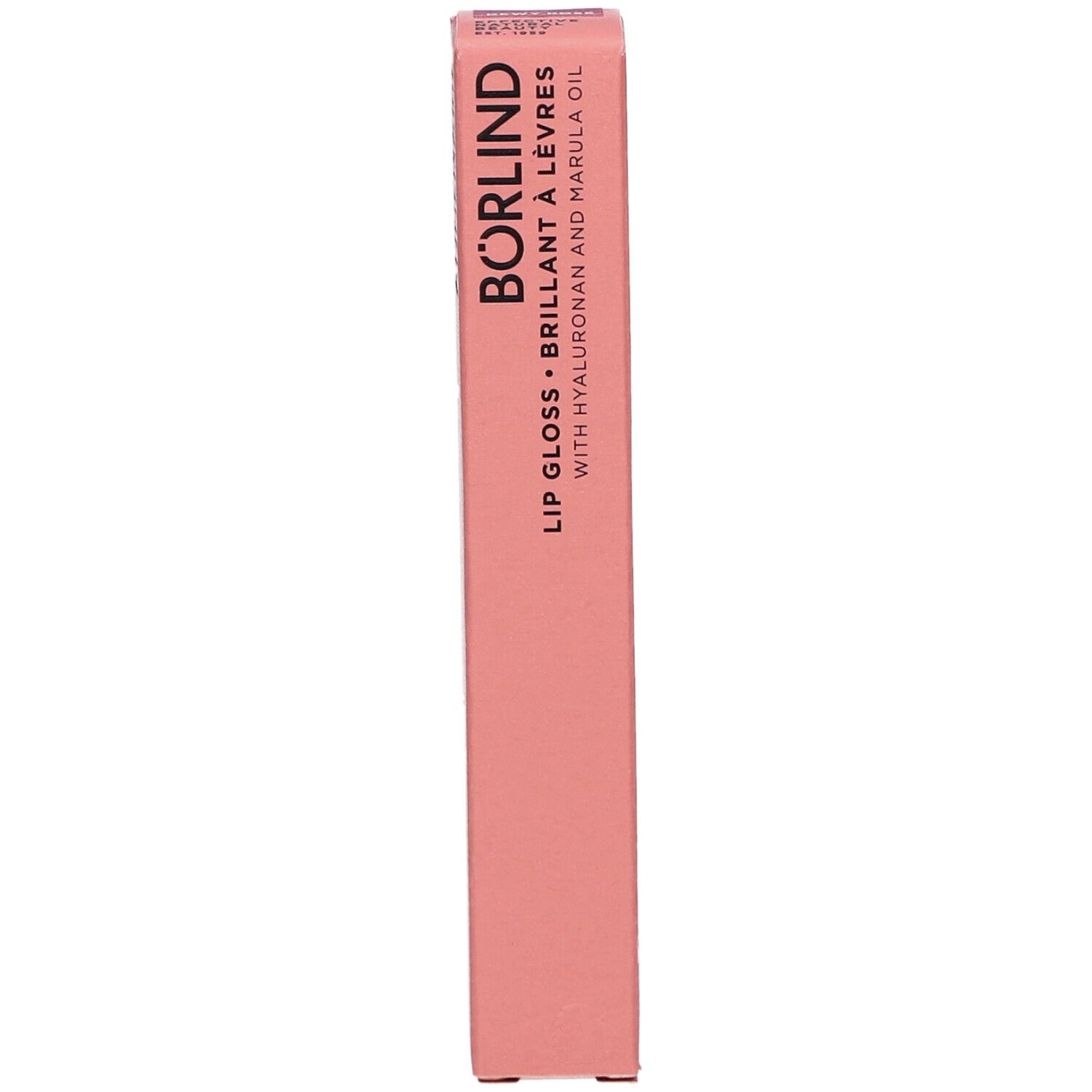 Emballage rose avec BÖRLIND Lip Gloss. Contient de l'acide hyaluronique et de l'huile de marula.