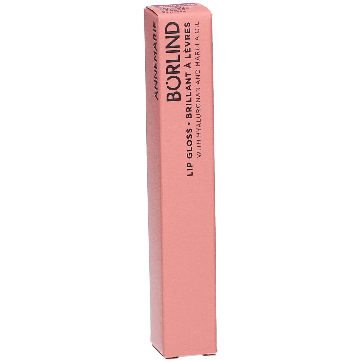 Emballage rose avec ANNEMARIE BÖRLIND Lip Gloss. Contient de l'acide hyaluronique et de l'huile de marula.