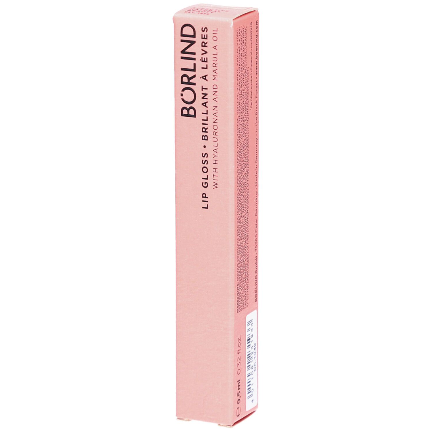 Emballage rose de Lipgloss ANNEMARIE BÖRLIND. Texte: LIP GLOSS, BRILLANT À LÈVRES, WITH HYALURONAN AND MARULA OIL. 9,5 ml.