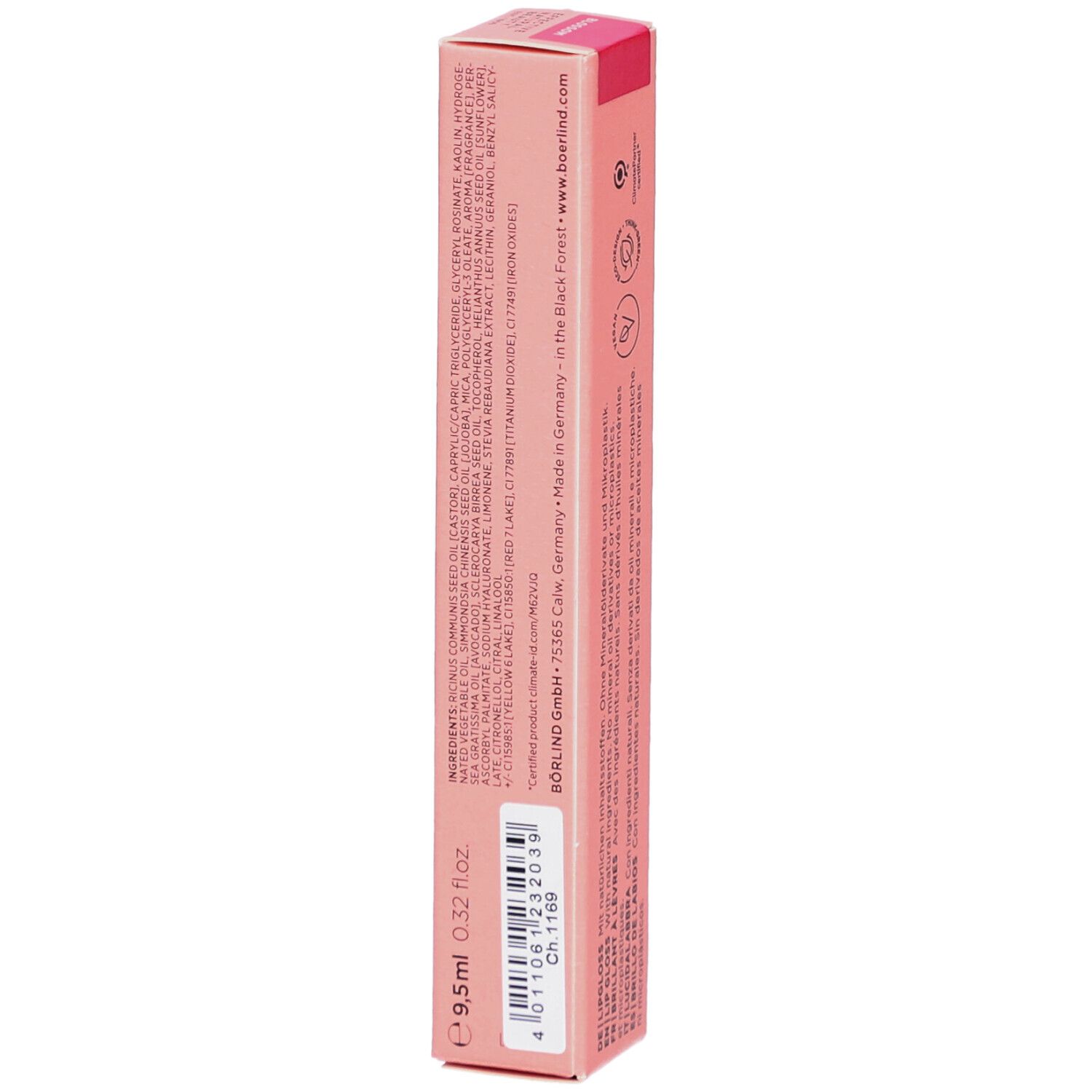 Emballage rose avec texte. Texte: Ingrédients, 9,5ml, 0.32 fl oz. Fabriqué en Allemagne. Produit certifié.